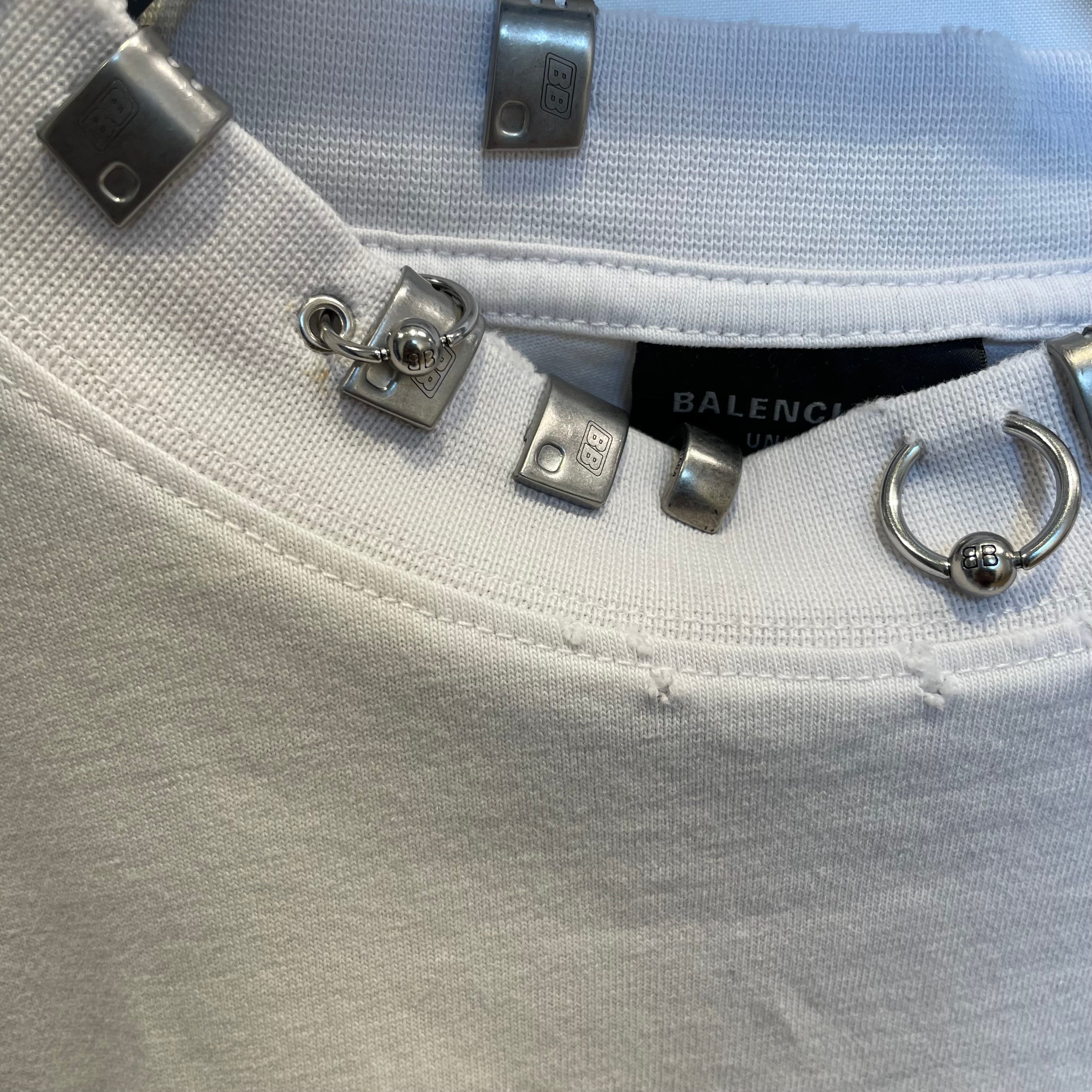 BALENCIAGA/T-Shirt/L/Cotton/WHT/pierced collar view 3