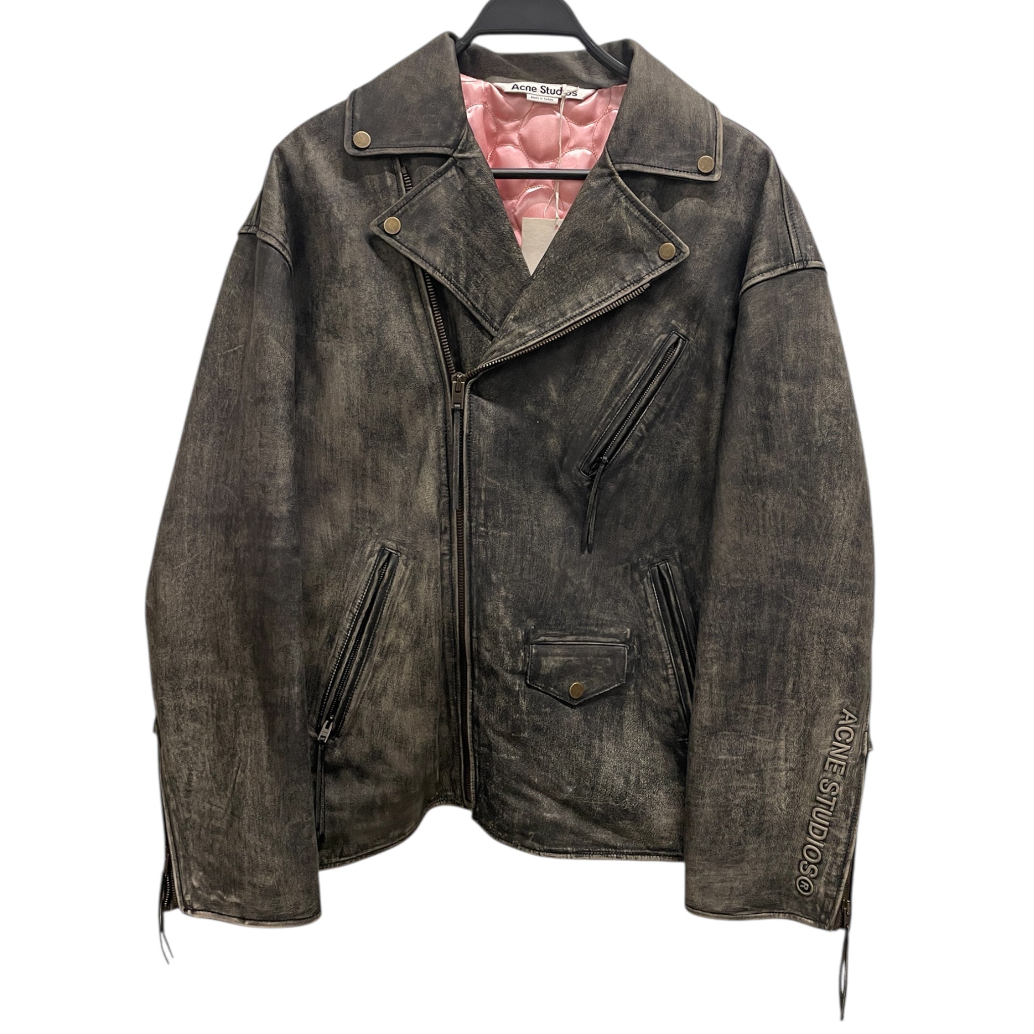 Acne Studios/Leather Jkt/46/Leather/GRY/pink satin inside view 1