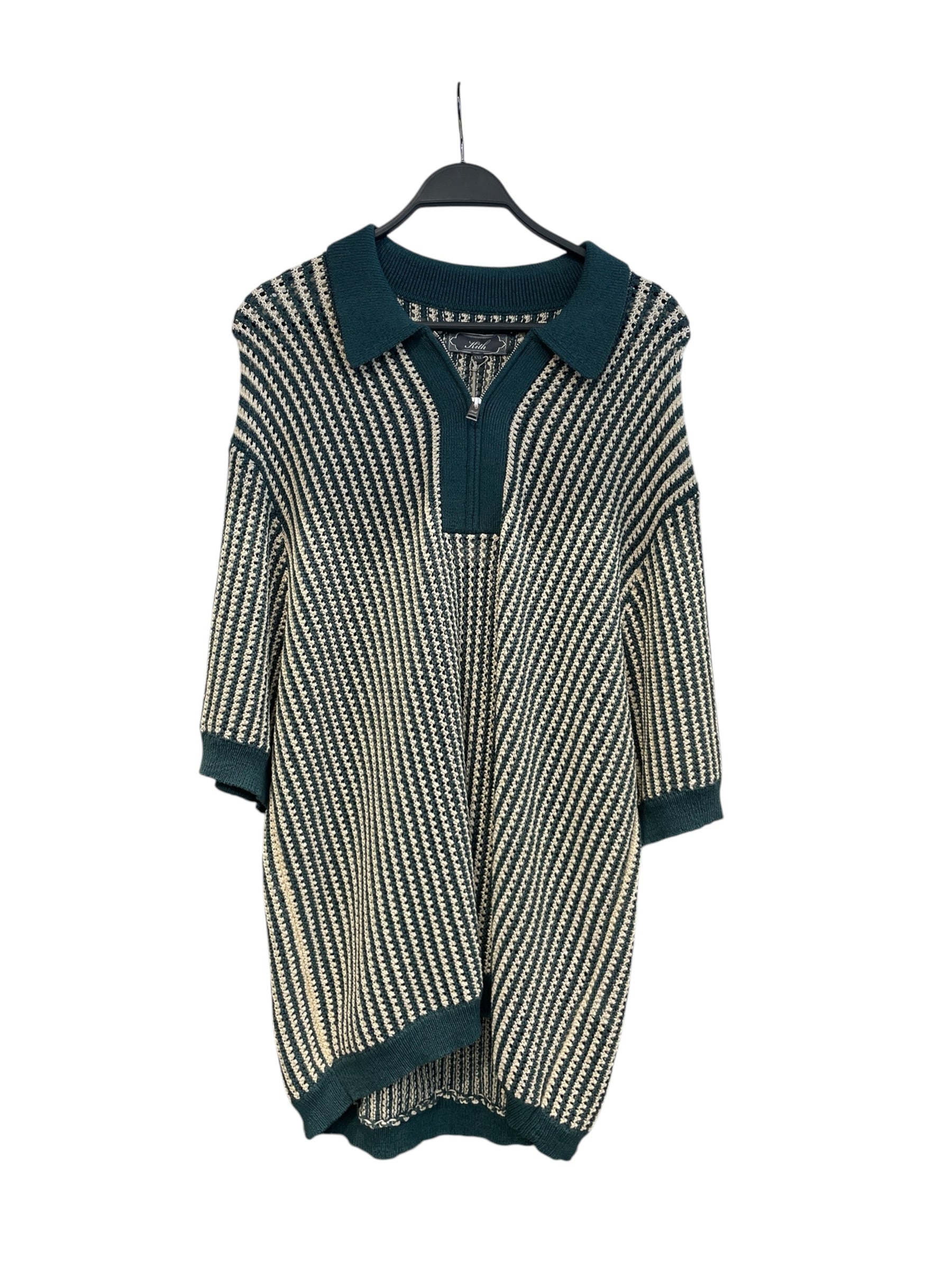 KITH/Polo Shirt/XXL/Polyester/GRN/Stripe/knit polo green+beige stripes view 1