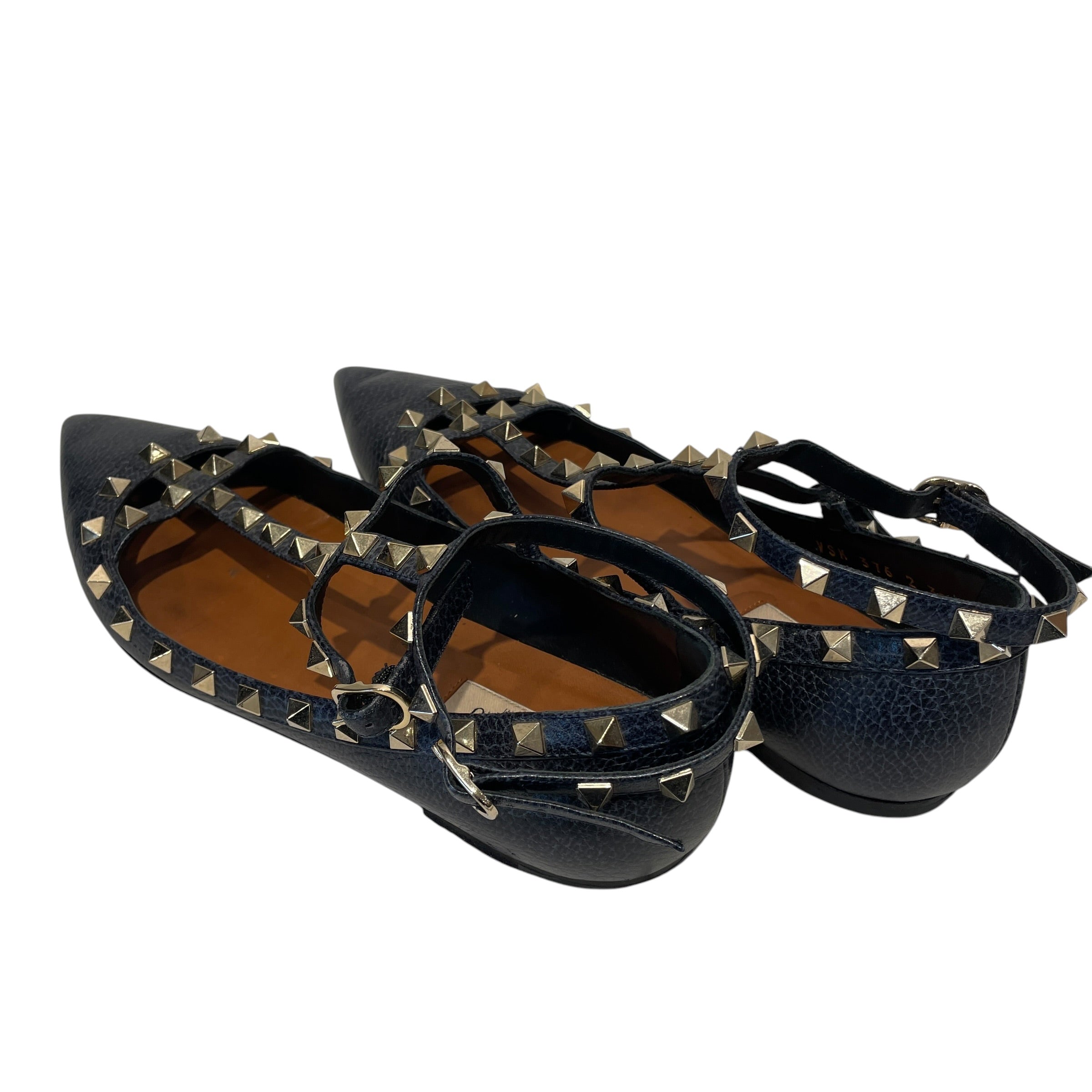 VALENTINO GARAVANI/Flat Shoes/EU 39/Border/Leather/NVY/Ankle Strap/point toe/ gold studs view 2