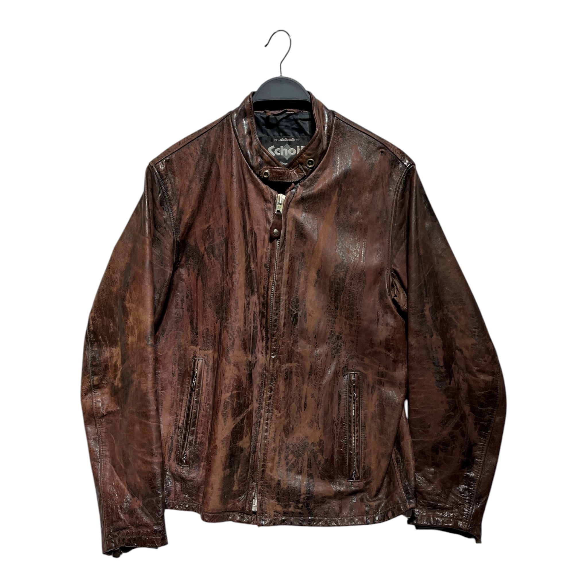 Schott/Leather Jkt/L/Leather/BLK/worn well full zip view 1
