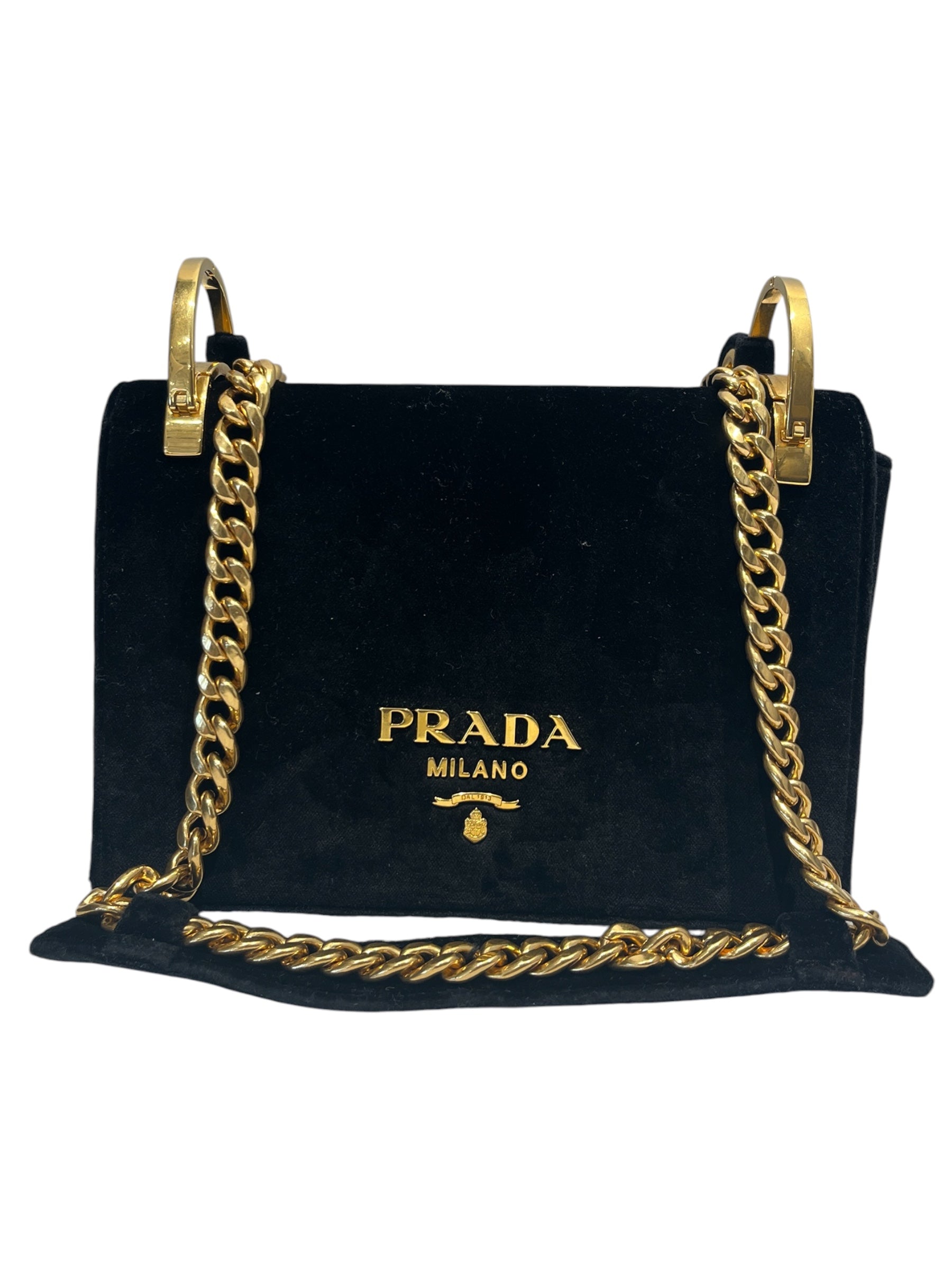PRADA/Cross Body Bag/Velour/BLK/PATTINA VELVET GLD view 1