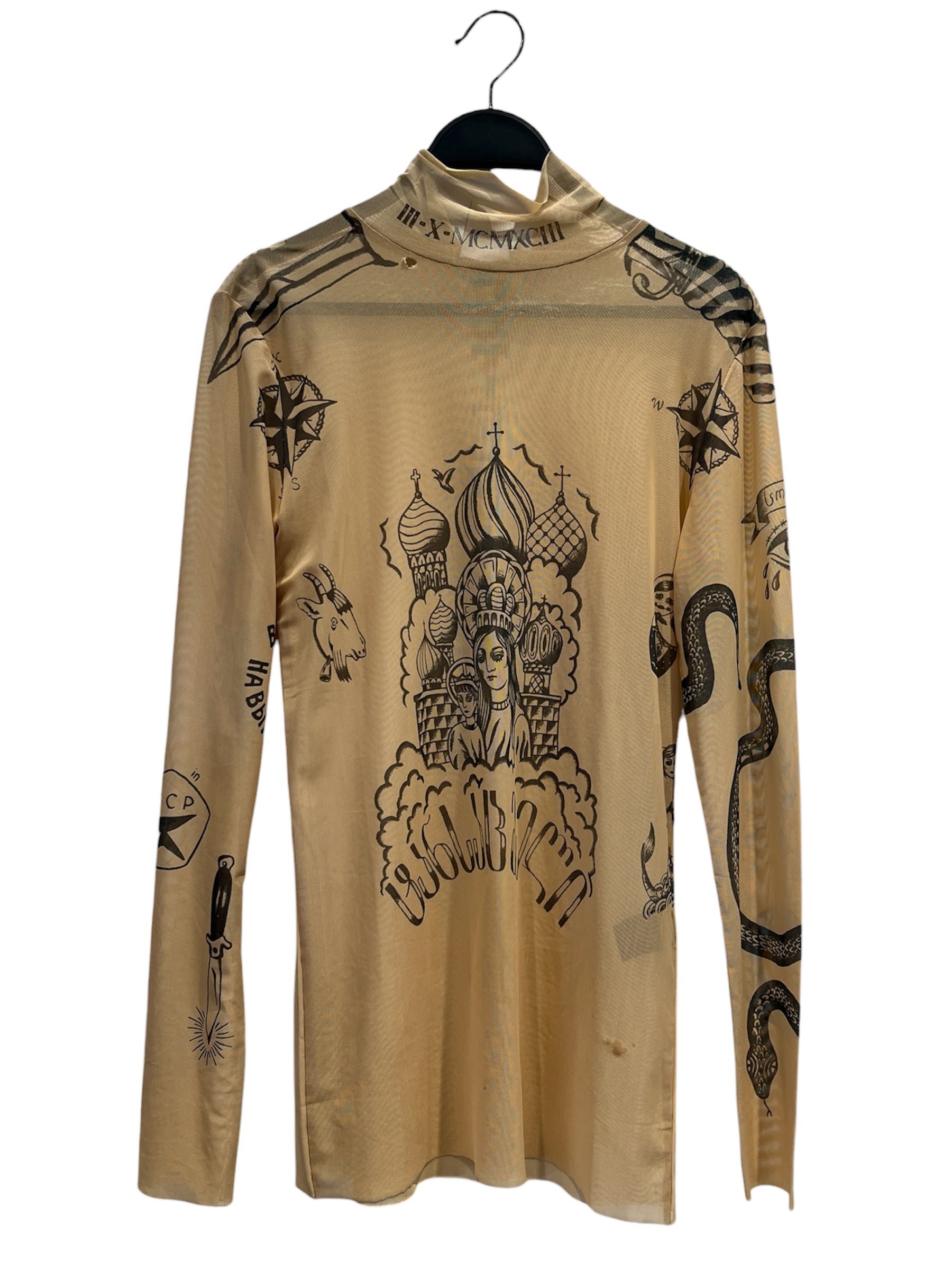 VETEMENTS/T-Shirt/L/Polyester/BEG/All Over Print/TATTOO PRINT MESH TEE view 1