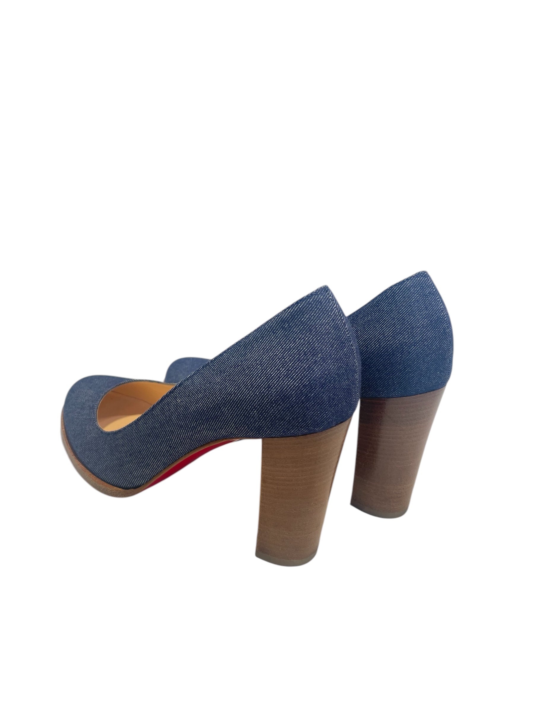 Christian Louboutin/Heels/EU 38/Denim/NVY/denim wooden heel view 2