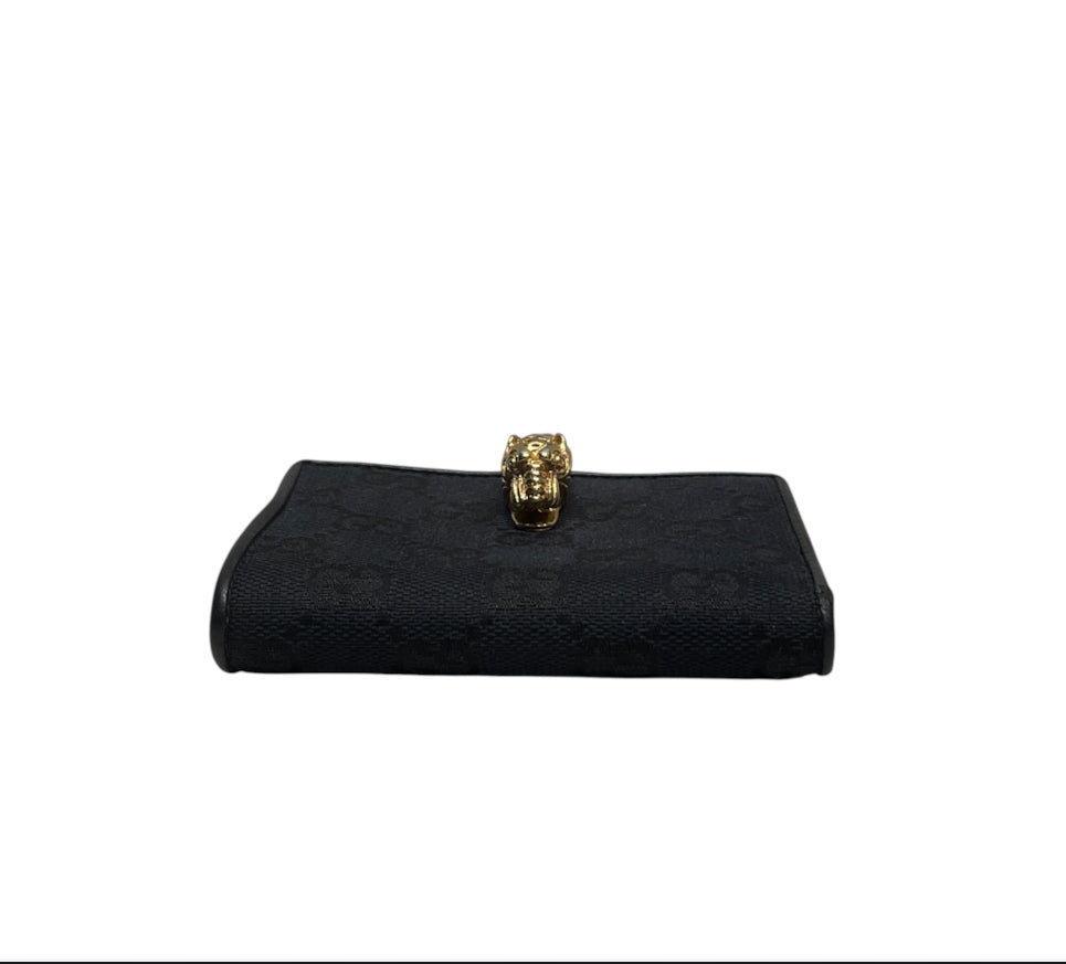 GUCCI/Trifold Wallet/Monogram/Cotton/BLK/L's/gold tiger view 3