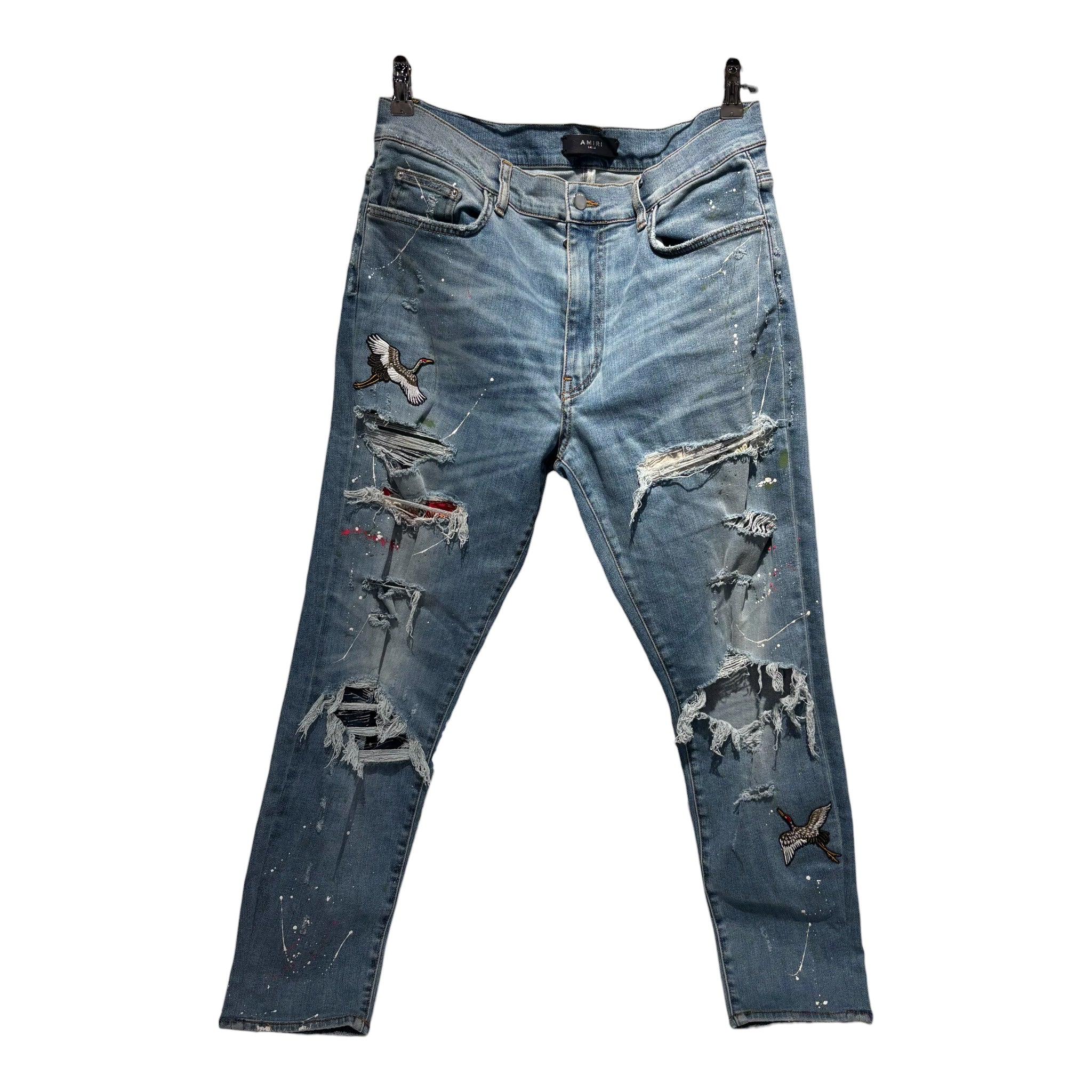 AMIRI/Skinny Pants/36/Denim/BLU/patch and paint splatter view 1