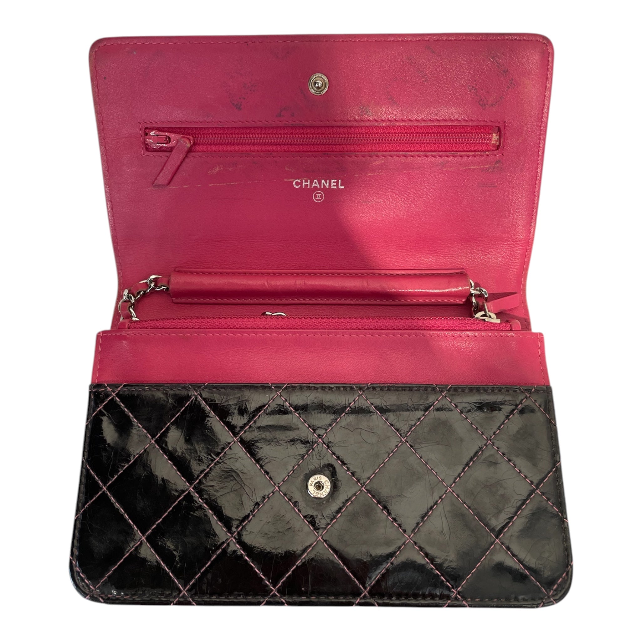 CHANEL/Cross Body Bag/Leather/BLK/Pink and Black Wallet on chain view 8