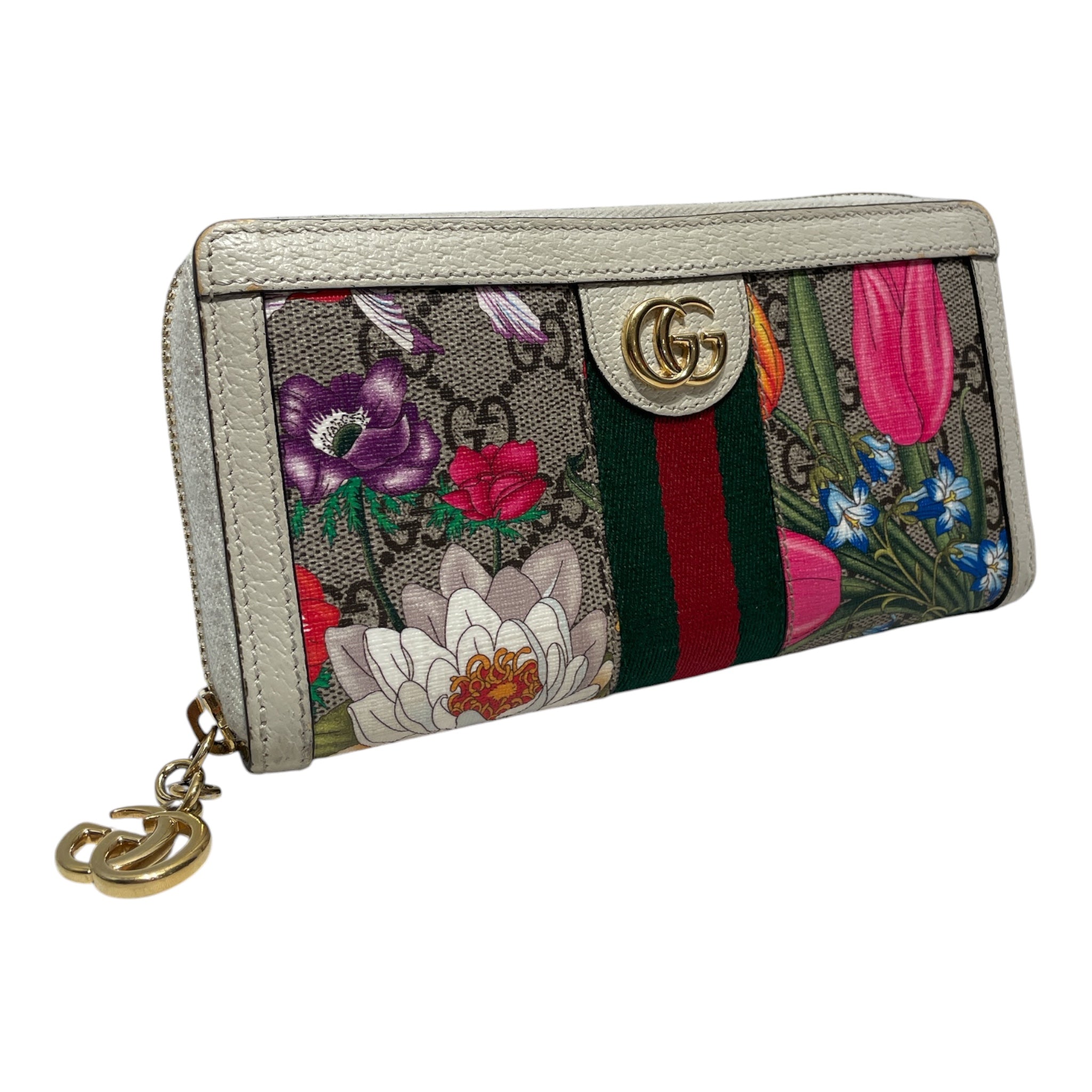 GUCCI/Long Wallet/Floral Pattern/Leather/CRM/L's/Floral zip around wallet view 1