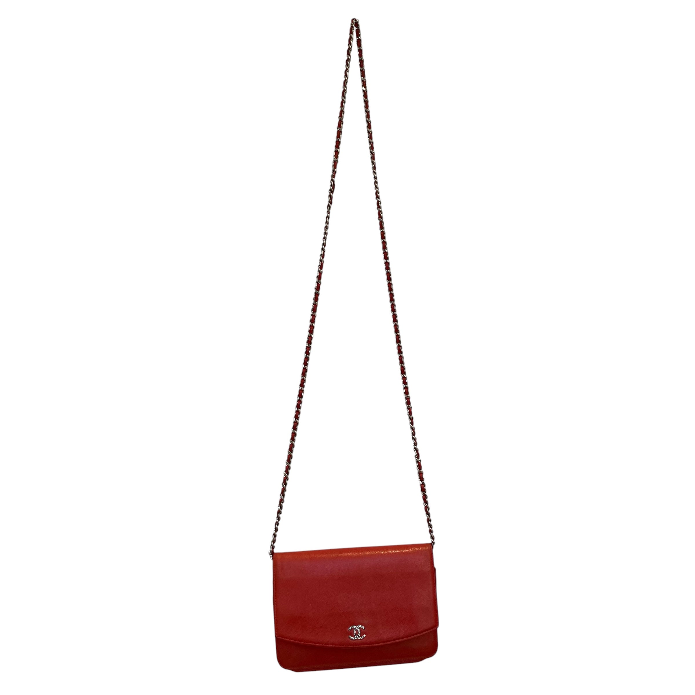 CHANEL/Cross Body Bag/Leather/RED/CHAIN STRAP, SLV HARDWARE view 1