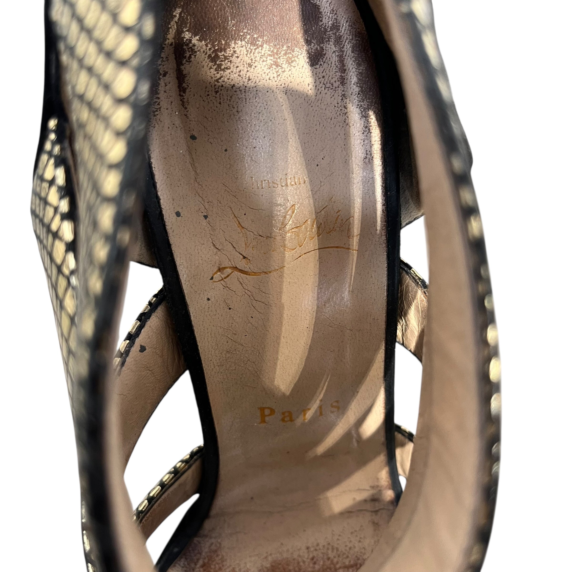 Christian Louboutin/Heels/EU 38/Leather/GLD/snake print strap heels view 3