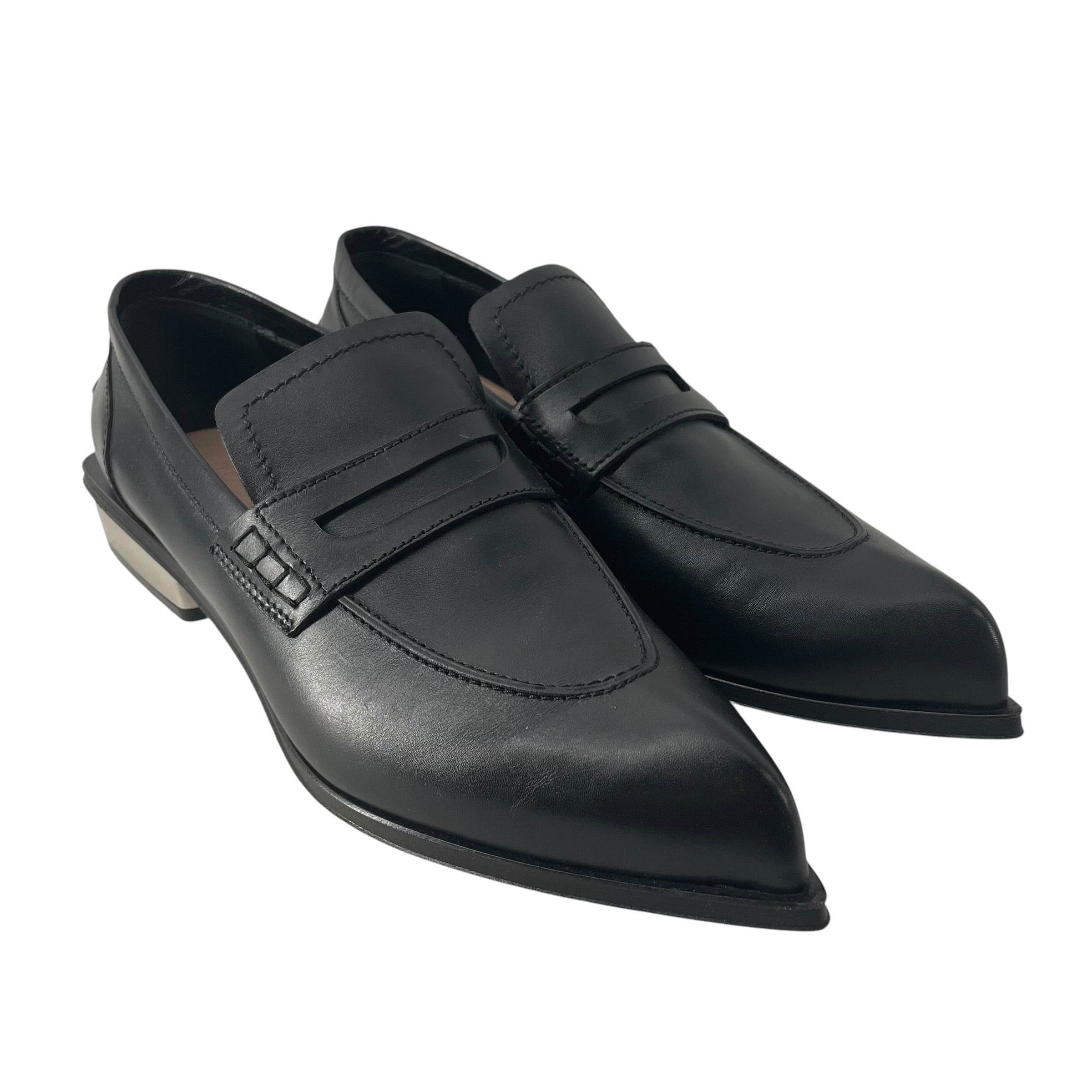 Alexander McQueen/Loafers/EU 40/Stripe/Leather/BLK/POINTED TOE SILVER HEEL view 1