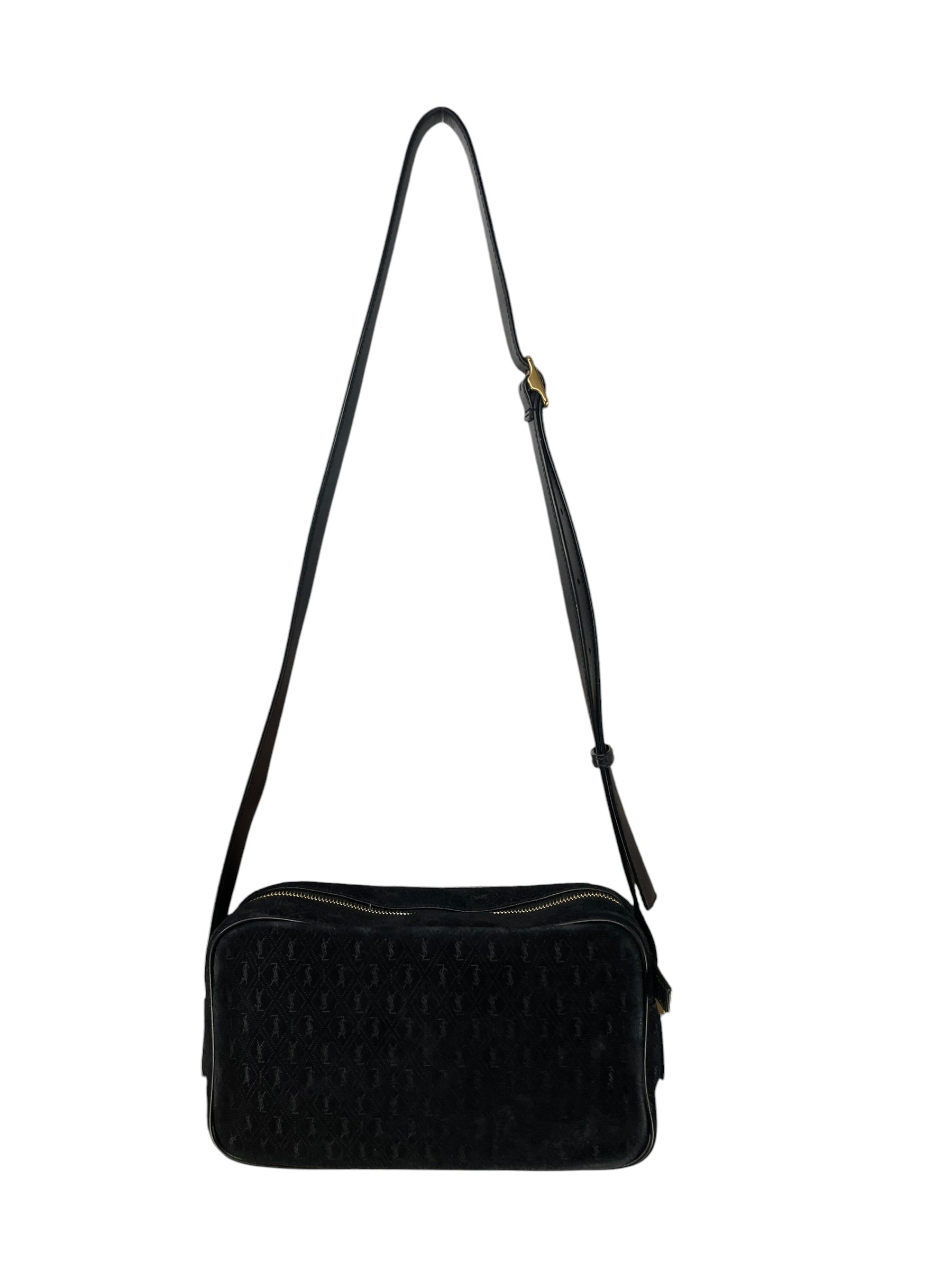 SAINT LAURENT/Cross Body Bag/Monogram/Suede/BLK/monogram front zip camera bag view 3