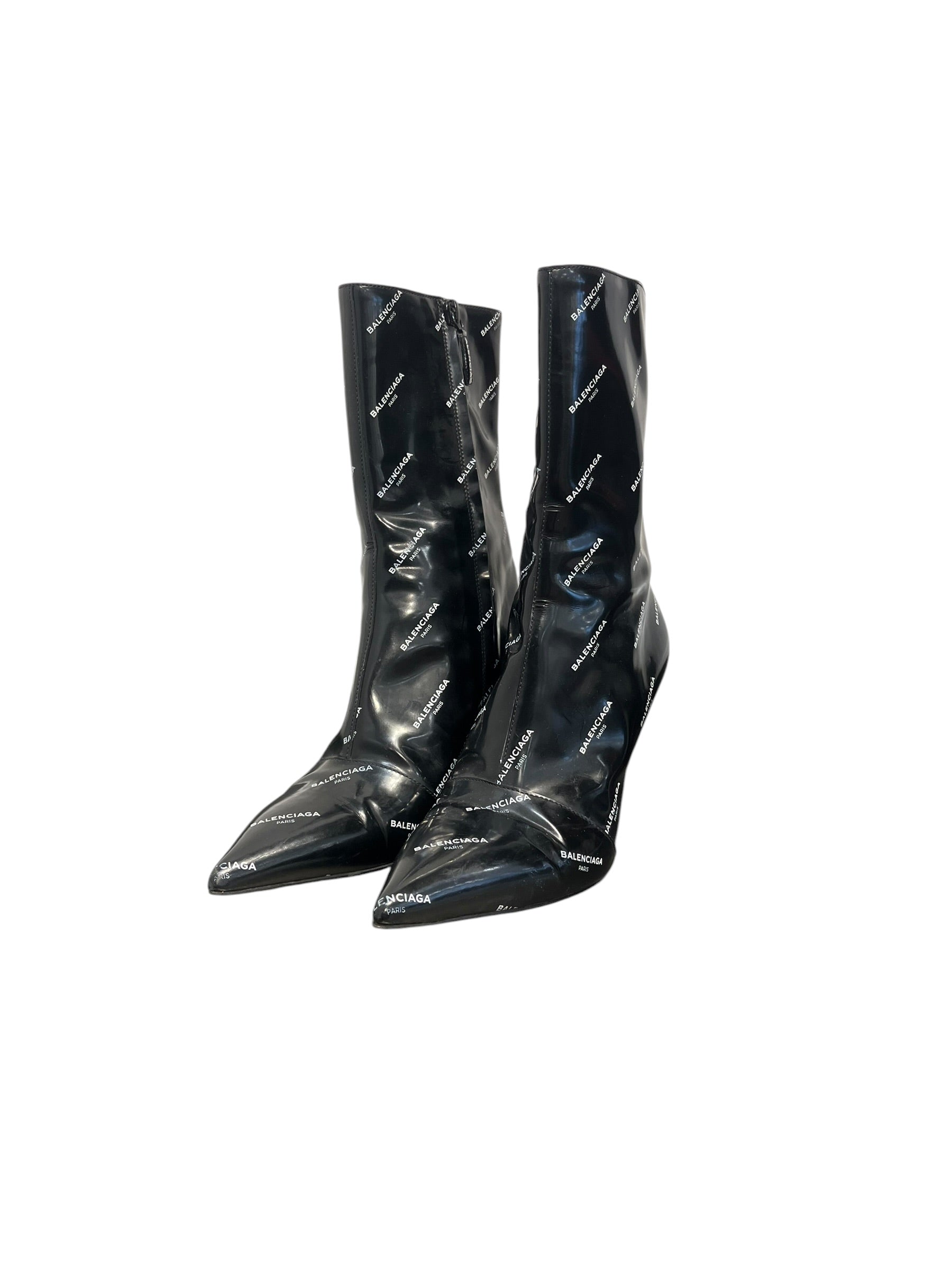 BALENCIAGA/Heels/EU 38/Monogram/Faux Leather/BLK/Patent/white logo zip up boot pointed view 2