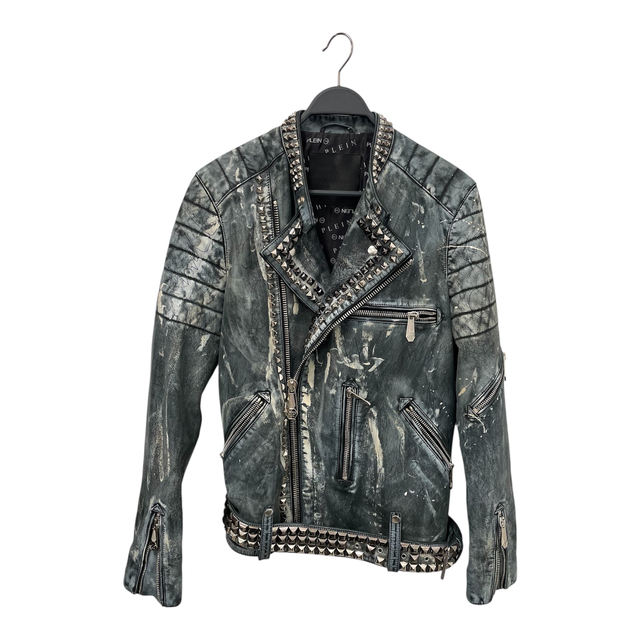 PHILIPP PLEIN/Leather Jkt/L/Leather/GRY/All Over Print/STUDDED GRAFFITI JACKET view 1