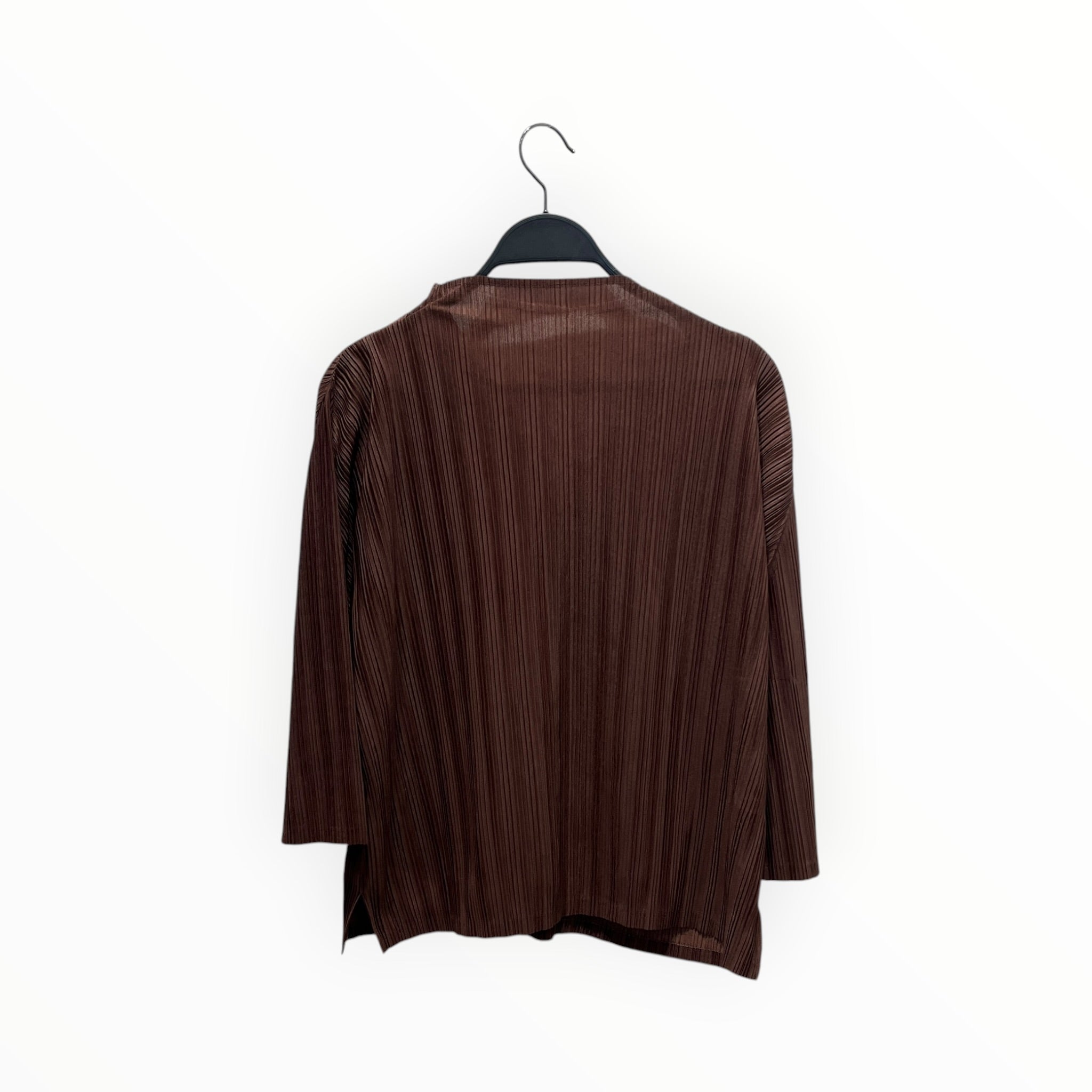 PLEATS PLEASE ISSEY MIYAKE/LS Blouse/3/Polyester/BRW/Pullover/Pleated Chocolate Brown V Neck view 2