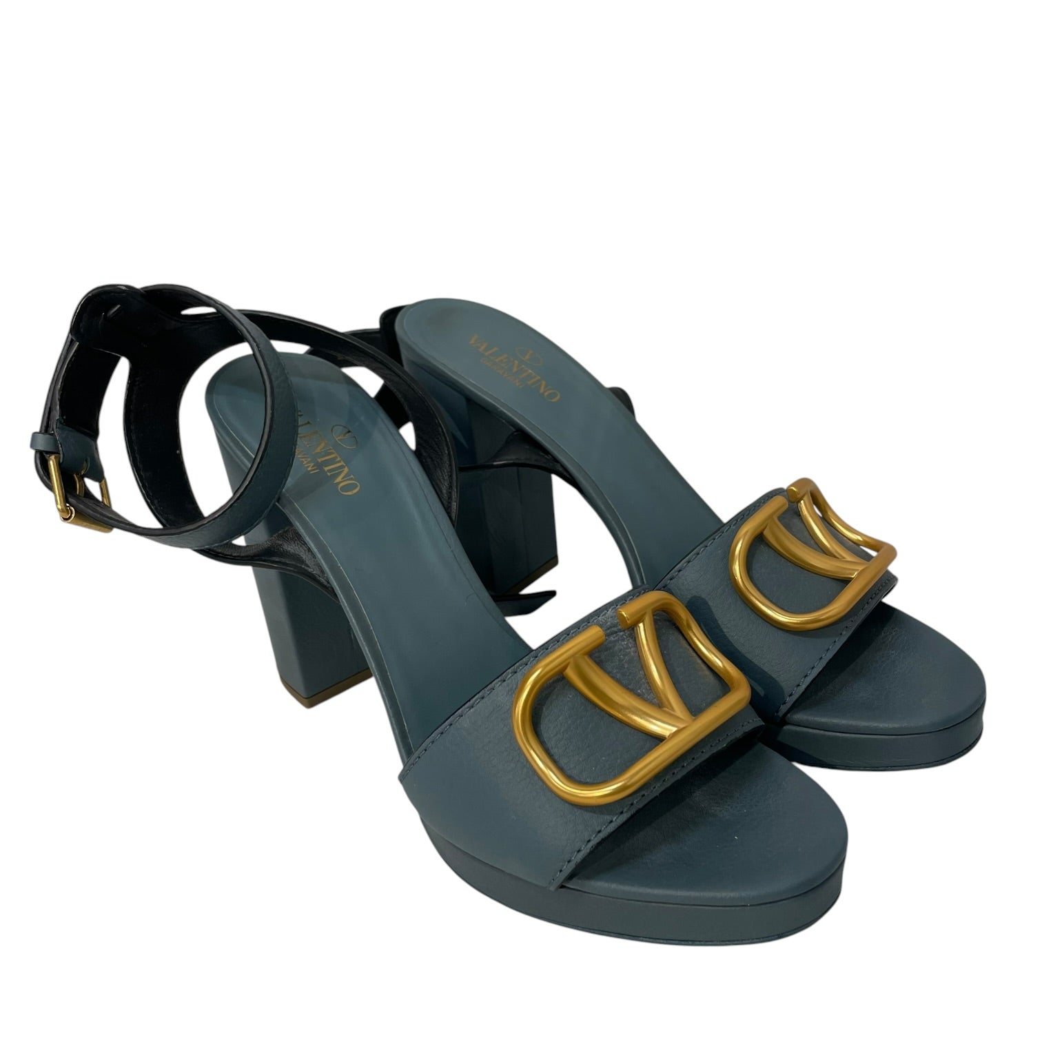 VALENTINO/Heels/EU 40/Leather/BLU/Ankle Strap/V Logo Block Heel view 1