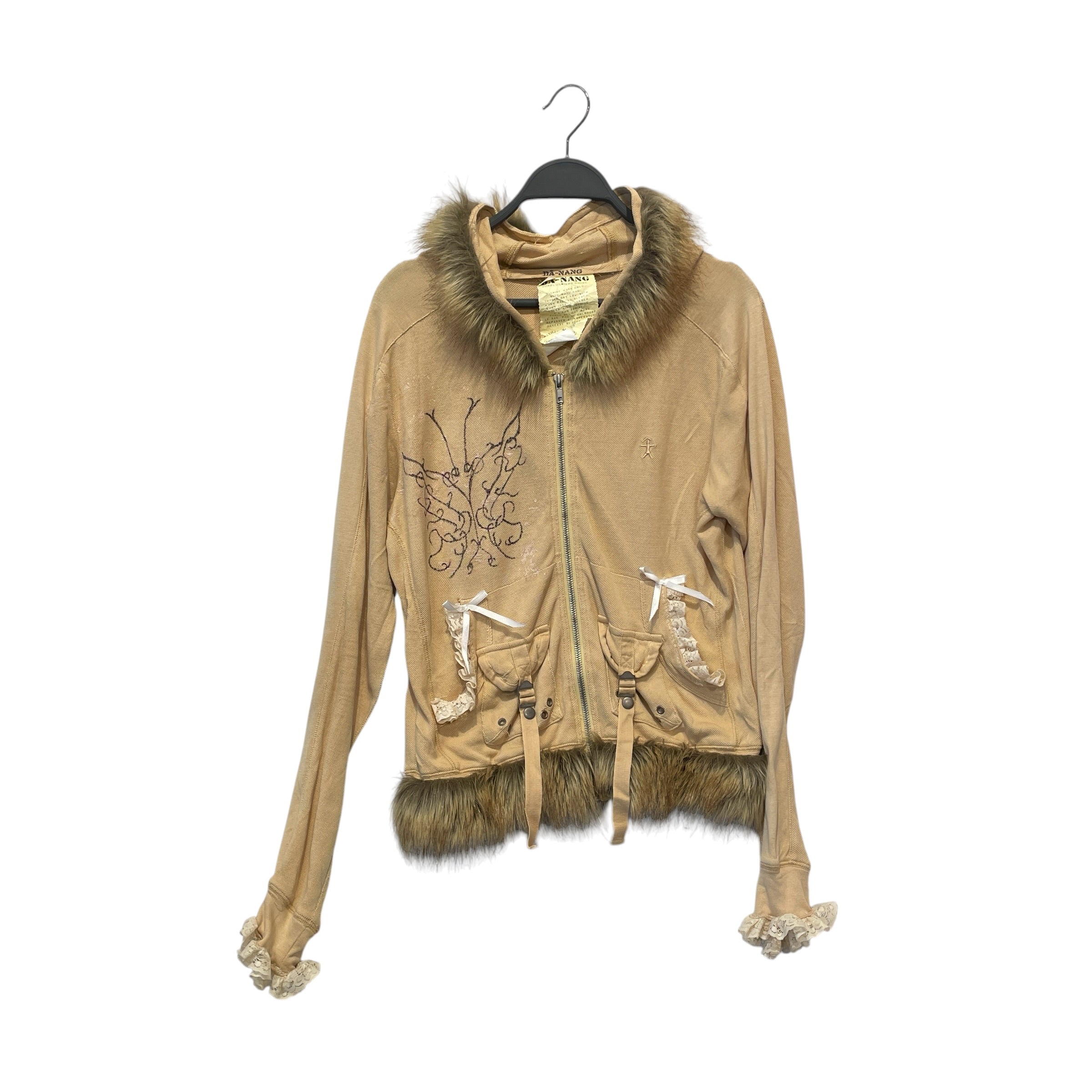 DA-NANG/Zip Up Hoodie/XS/All Over Print/Silk/BEG/fur&lacetrim/cargo/bows/cute<3 view 1