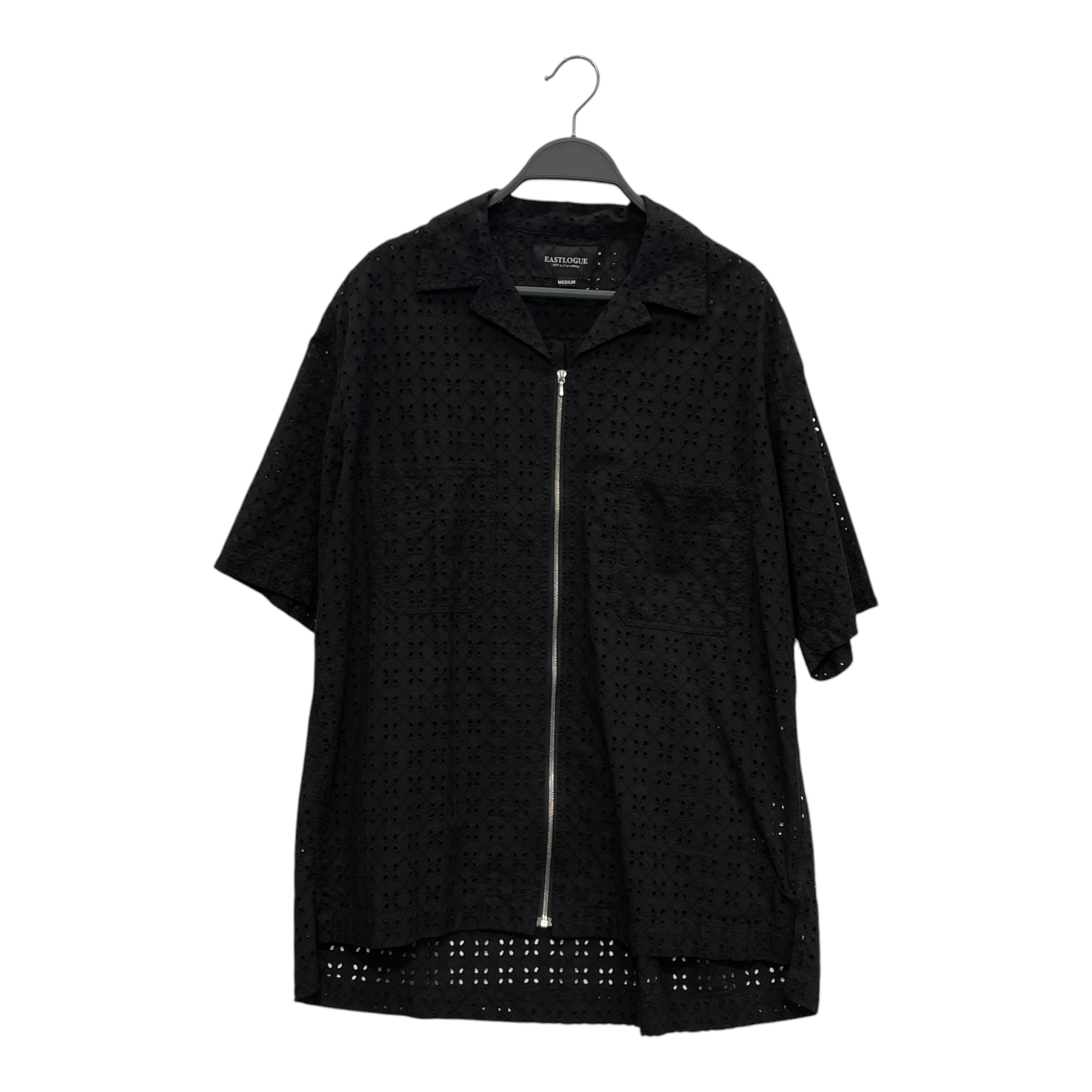 EASTLOGUE/SS Shirt/M/Cotton/BLK/All Over Print/ZIP UP T SHIRT EMBRIODERED view 1