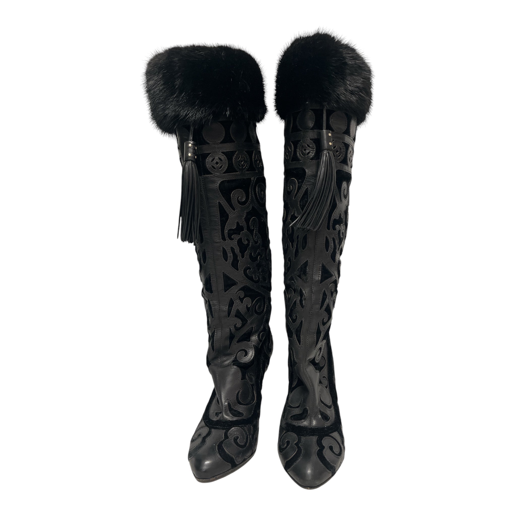 YVES SAINT LAURENT/Long Boots/EU 35.5/BLK/FUR TRIM PATTERNED WEDGE BOOT view 2