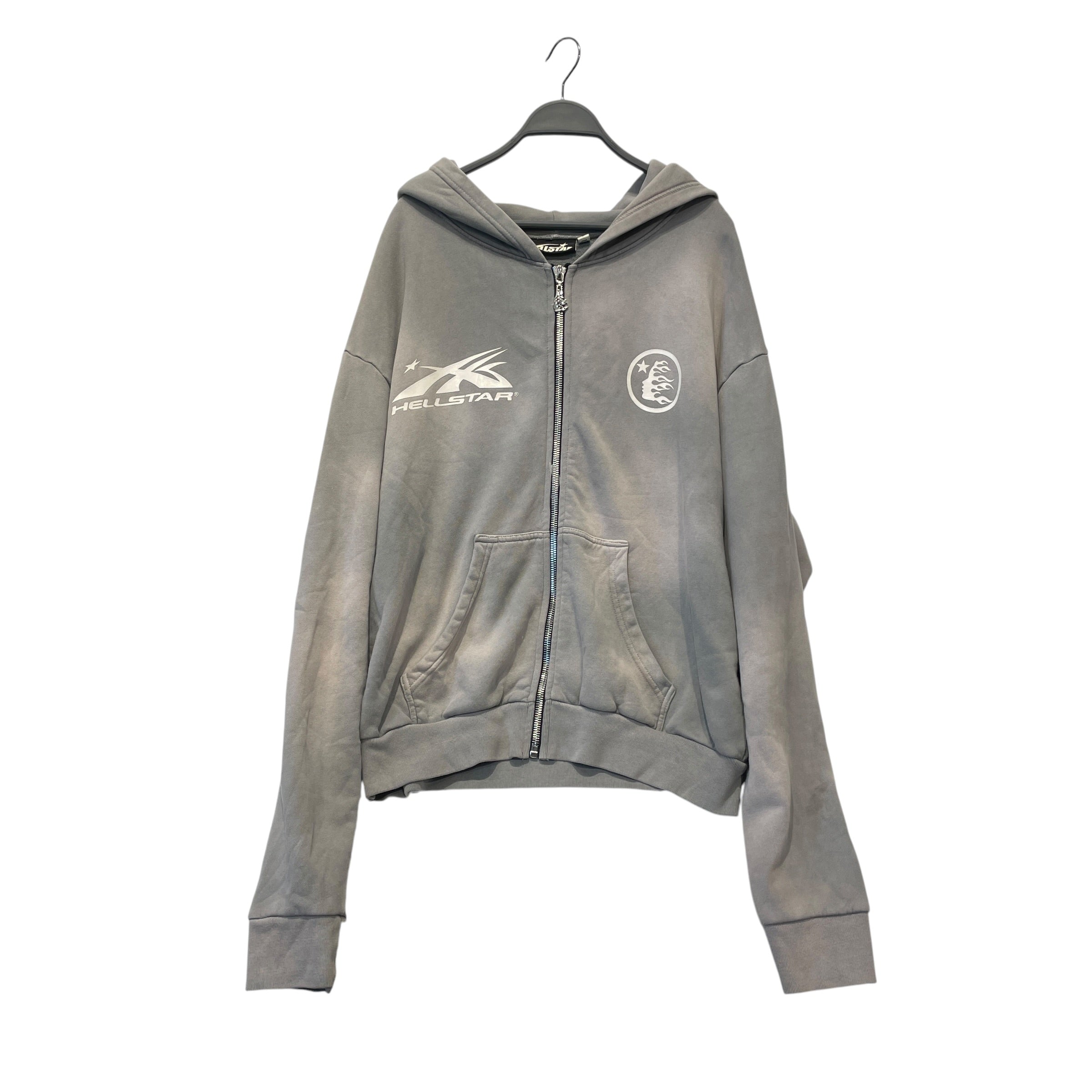 HELLSTAR/Zip Up Hoodie/M/Cotton/GRY/FADED/FLAME ZIPPER/LOGO BACK view 1
