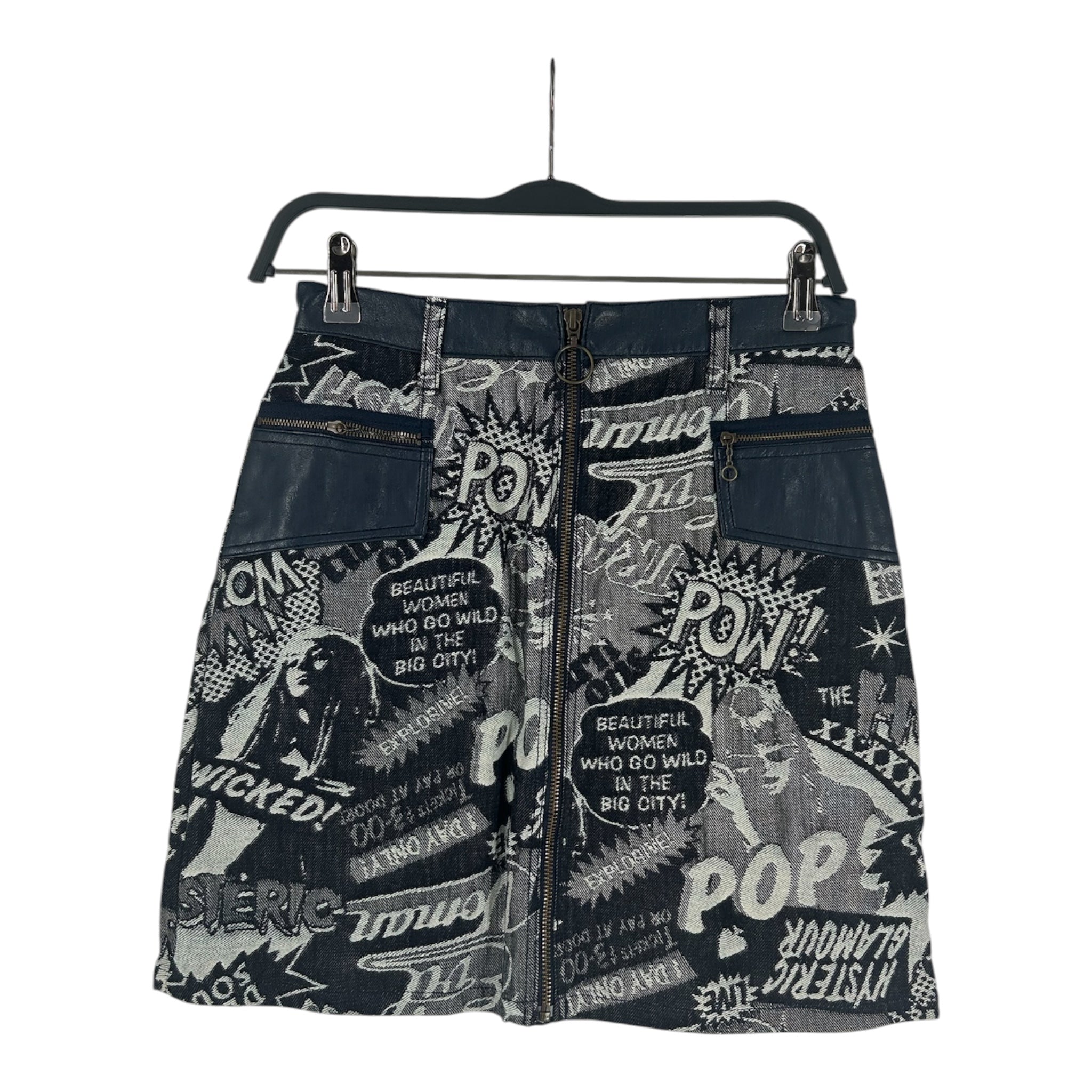HYSTERIC GLAMOUR/Skirt/27/All Over Print/Denim/BLU/COMIC PRINT LEATHER POCKETS view 1