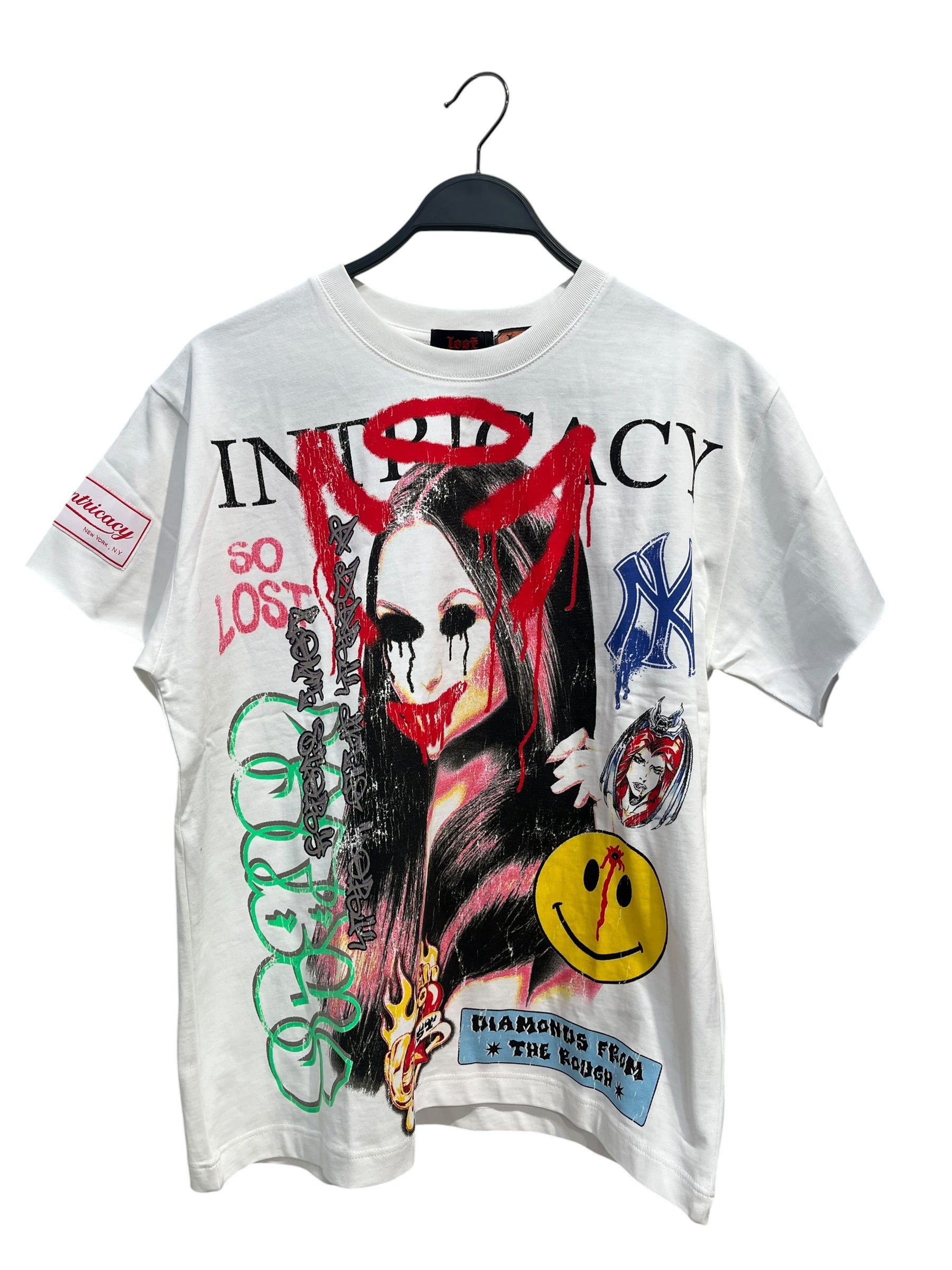 LOST INTRICACY/T-Shirt/S/Cotton/WHT/Graphic/RED SPRAYPAINT SMILE HORNS view 1