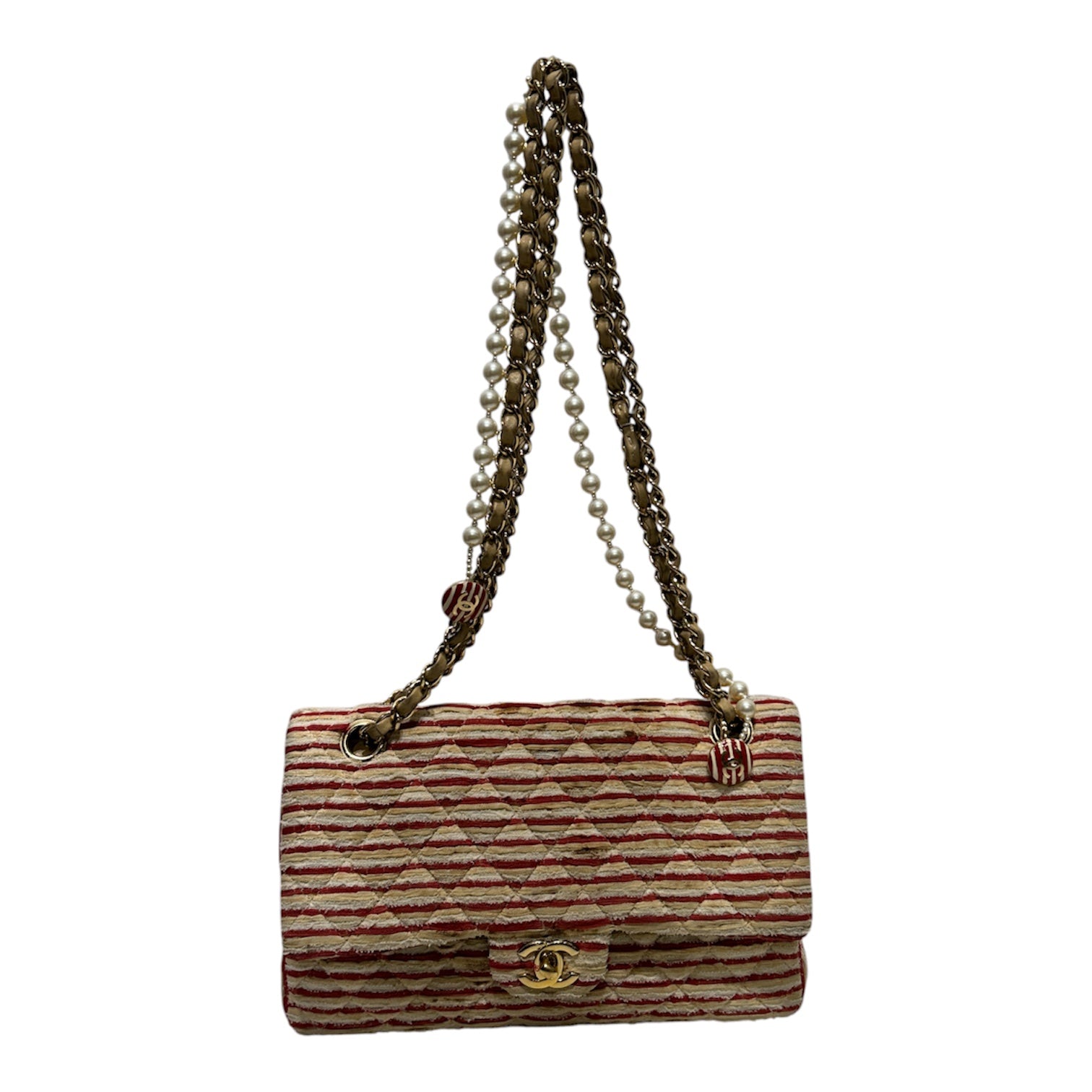 CHANEL/Bag/Stripe/Cotton/RED/RED CLOTH PEARL CHAIN STRAP view 1