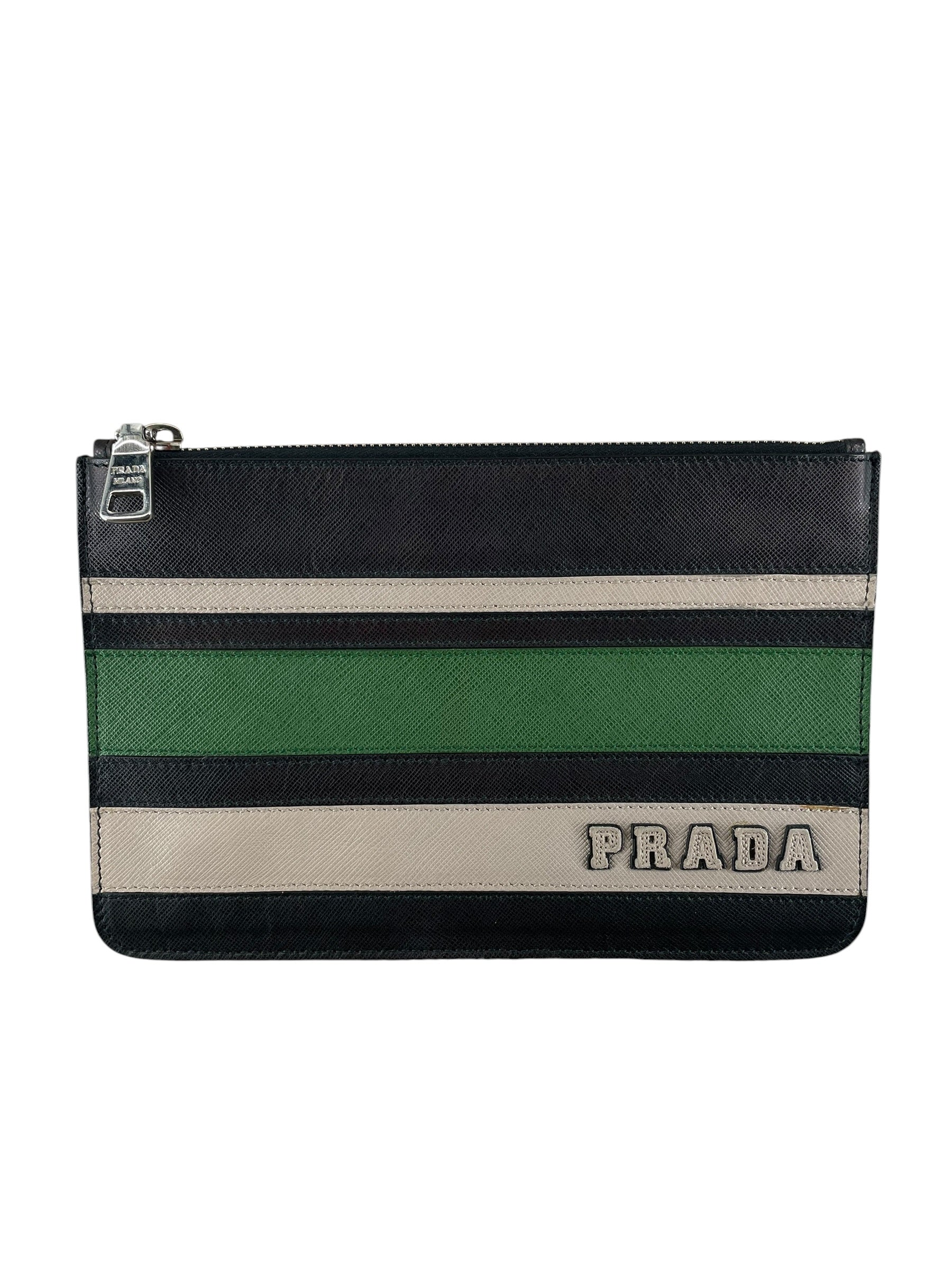 PRADA/Clutch Bag/Stripe/Leather/GRN/SAFFIANO STRIPED CLUTCH view 1