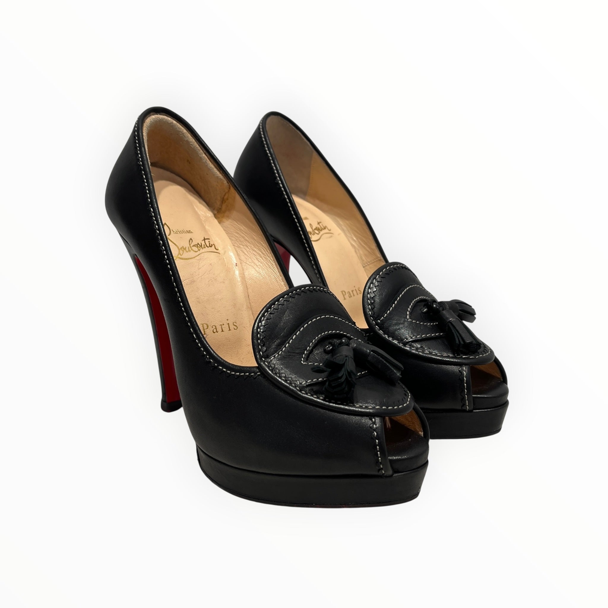 Christian Louboutin/Heels/EU 36/Leather/BLK/PEEP TOE/LOAFER TASSELS view 1