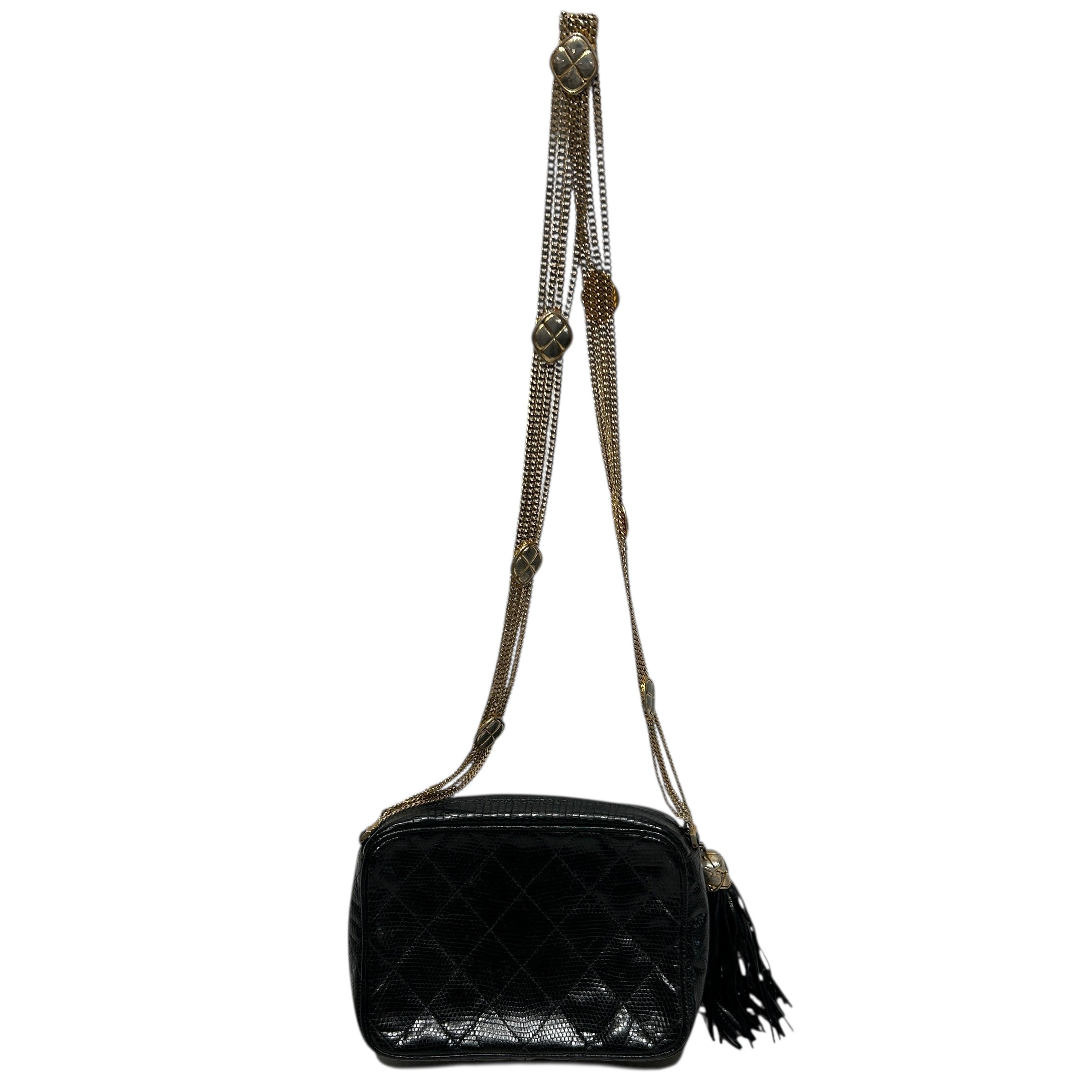 CHANEL/Hand Bag/BLK/Lizard, Tassel, Motif Chain view 2