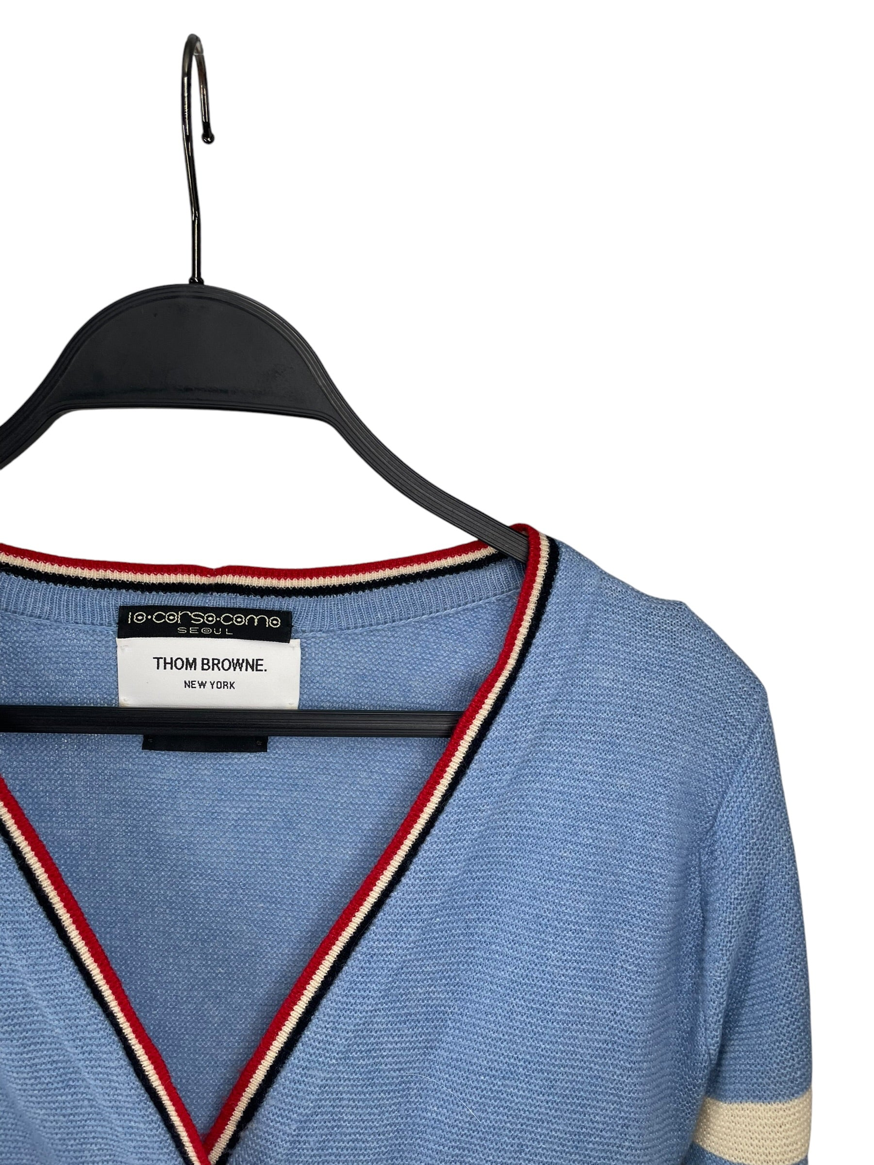 THOM BROWNE. NEW YORK/Cardigan/0/Wool/BLU/CROPPED STRIPE CARDIGAN view 3