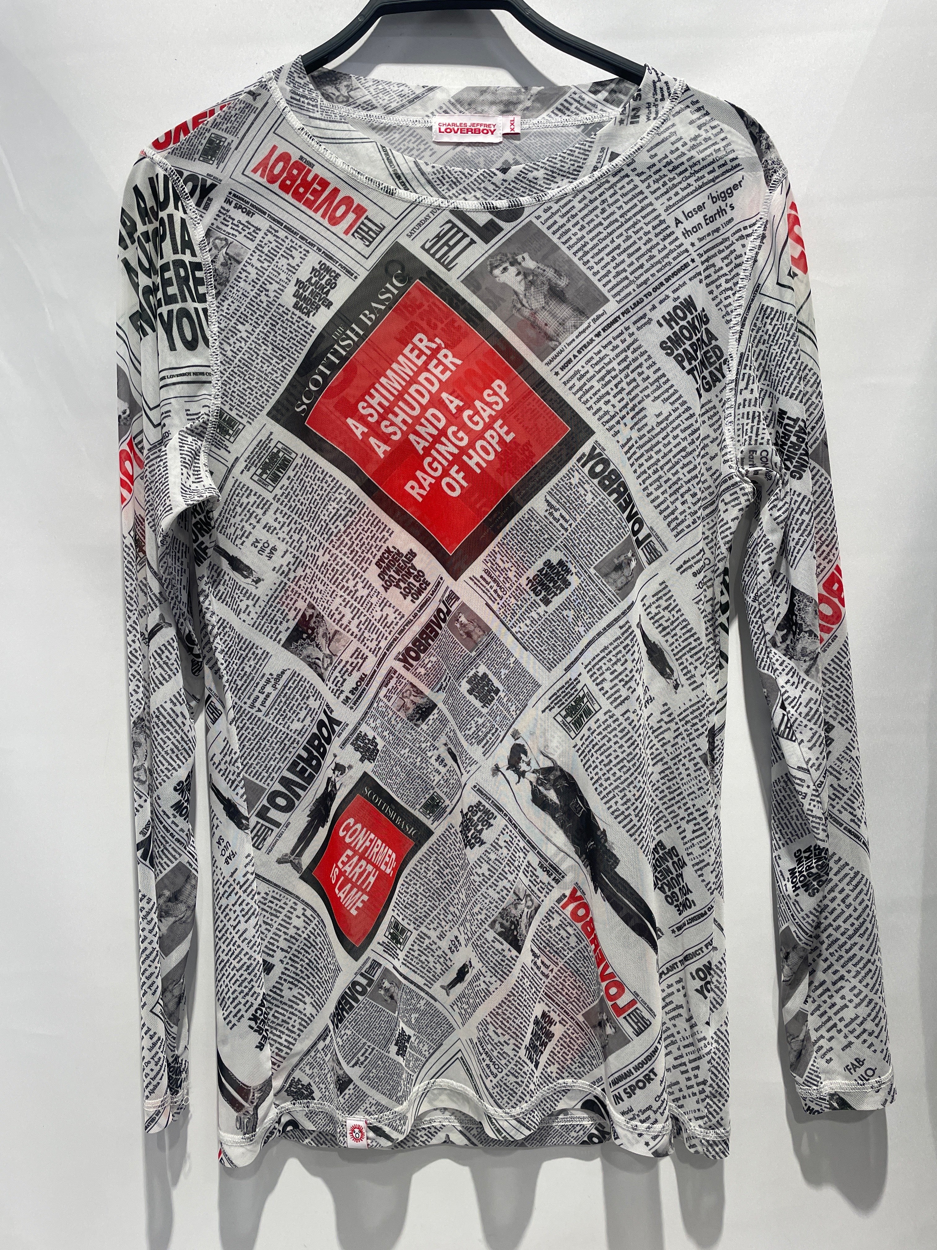 CHARLES JEFFREY LOVERBOY/LS T-Shirt/XXL/Polyester/WHT/All Over Print/newspaper print view 1