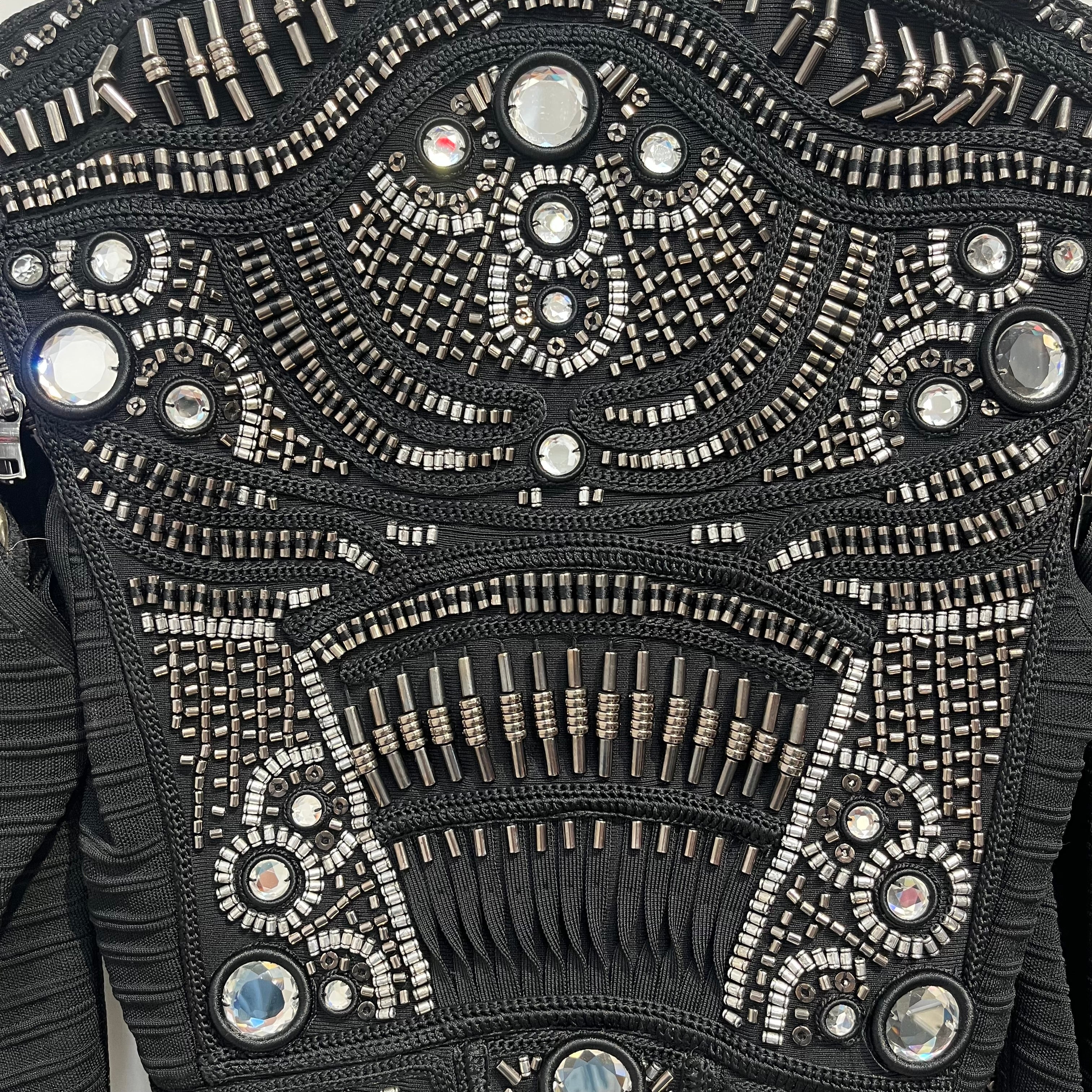 Herve Leger/Jacket/S/Polyester/BLK/bandaged zip up crystals metal view 5