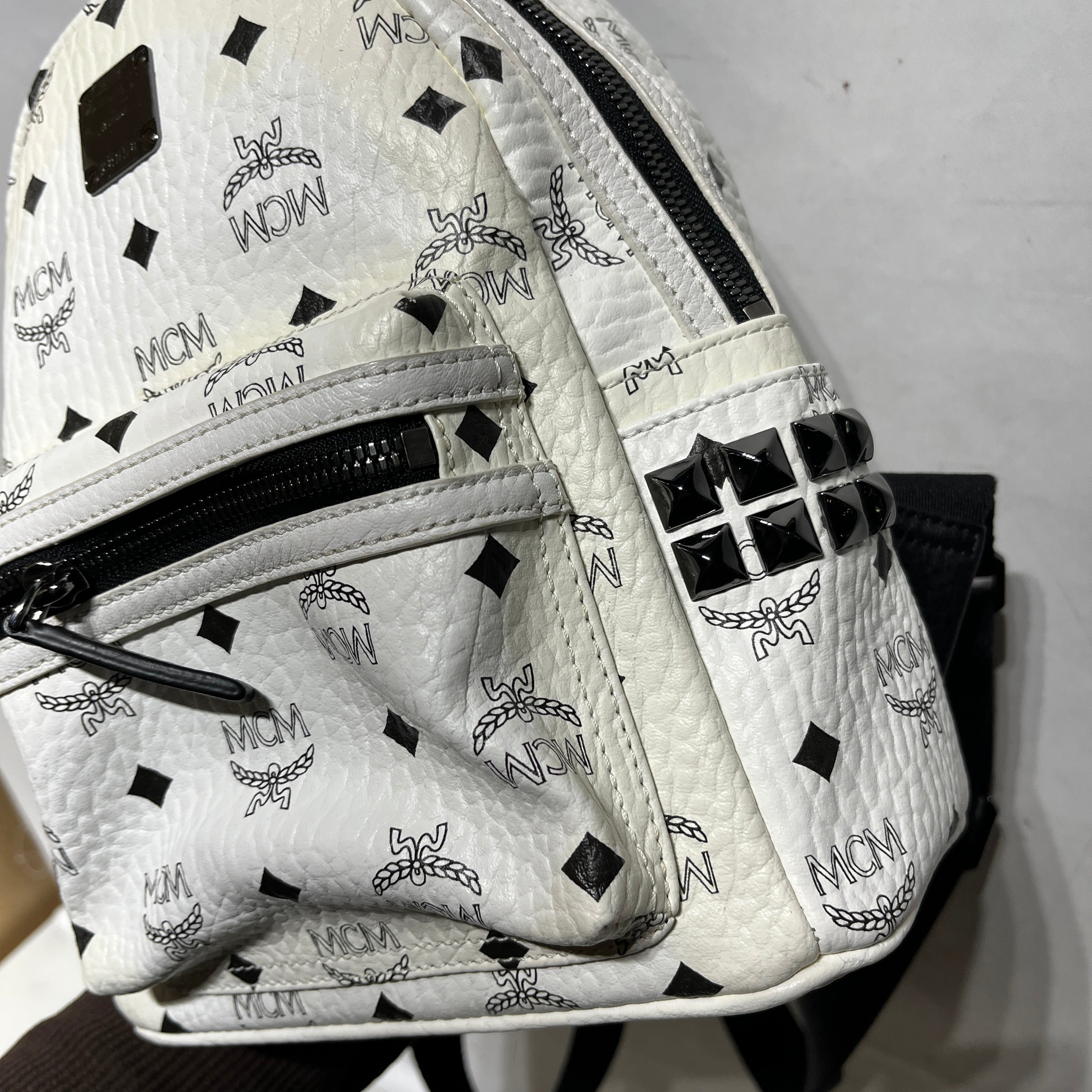 MCM/Backpack/Monogram/Leather/WHT/black studded mini view 8