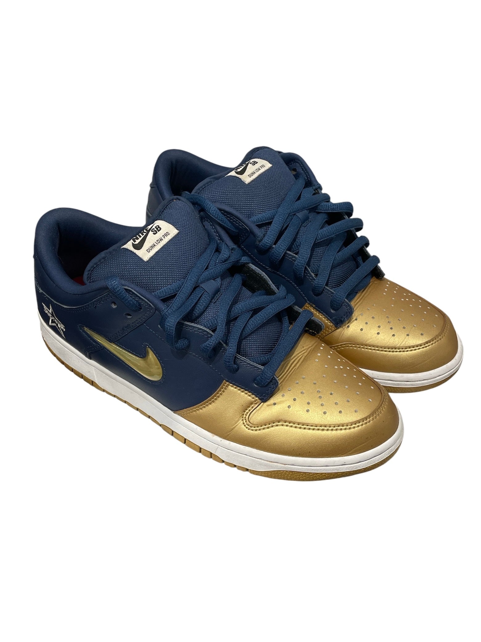NIKE/Supreme/Low-Sneakers/US 11.5/Leather/MLT/NVY GLD JEWEL SWOOSH DUNKS view 1
