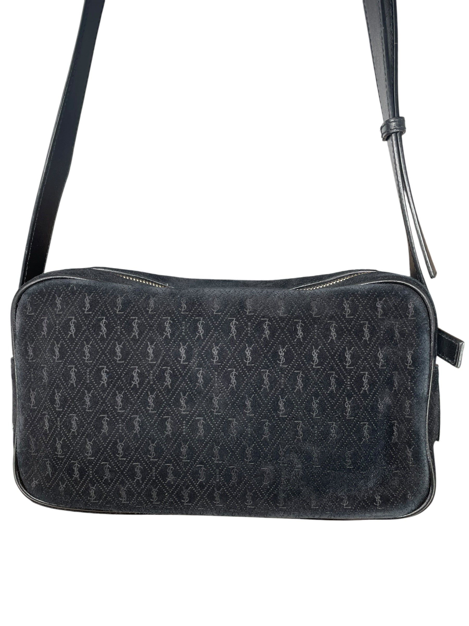 SAINT LAURENT/Cross Body Bag/Monogram/Suede/BLK/monogram front zip camera bag view 6