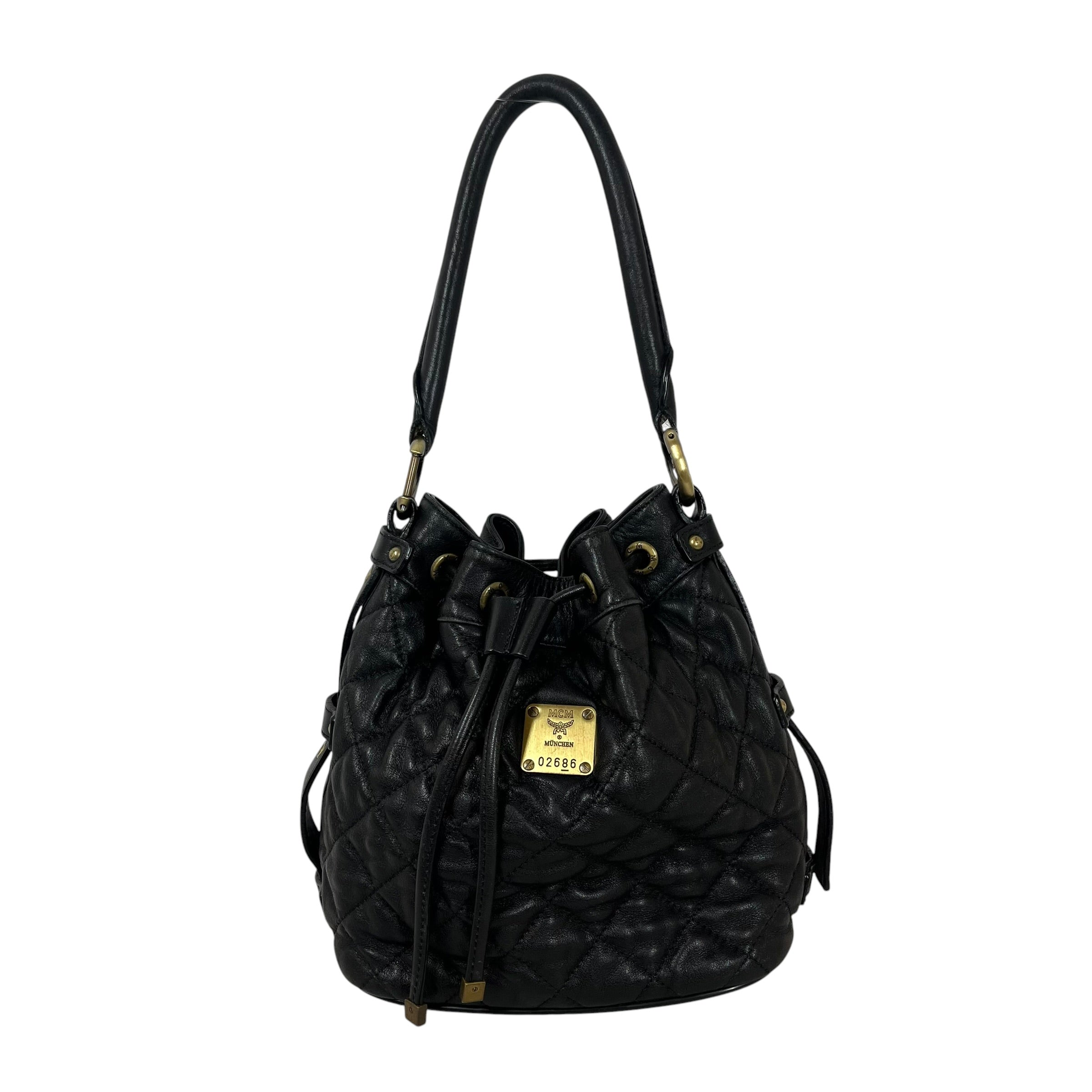 MCM/Bag/Leather/BLK/quilted bucket bag view 1