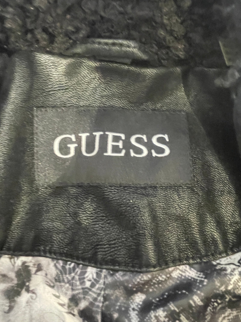 GUESS/Leather Jkt/L/Rayon/BLK/No Collar/GOLD HARDWARE/FLEECE COLLAR