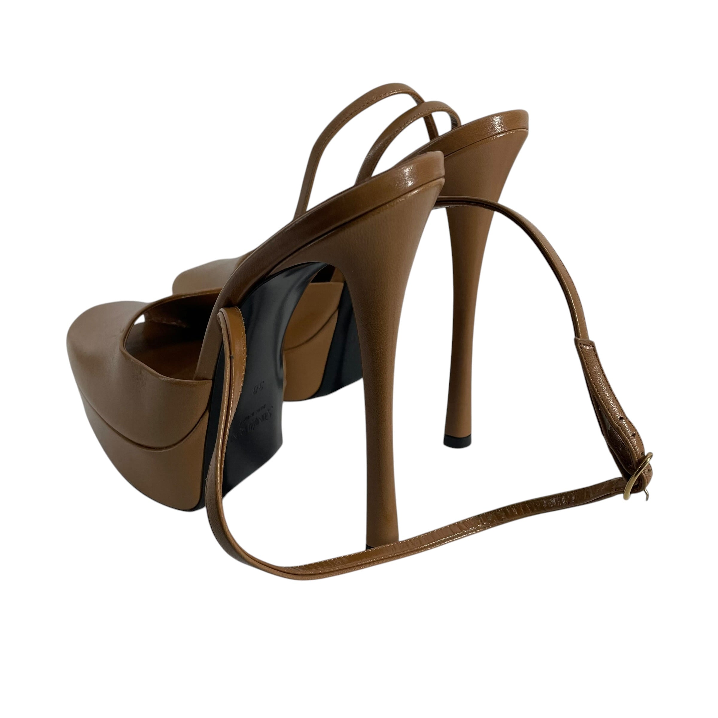 SAINT LAURENT/Heels/EU 38/Leather/CML/Open-Toe/PEEP TOE ANKLE STRAP BROWN view 2