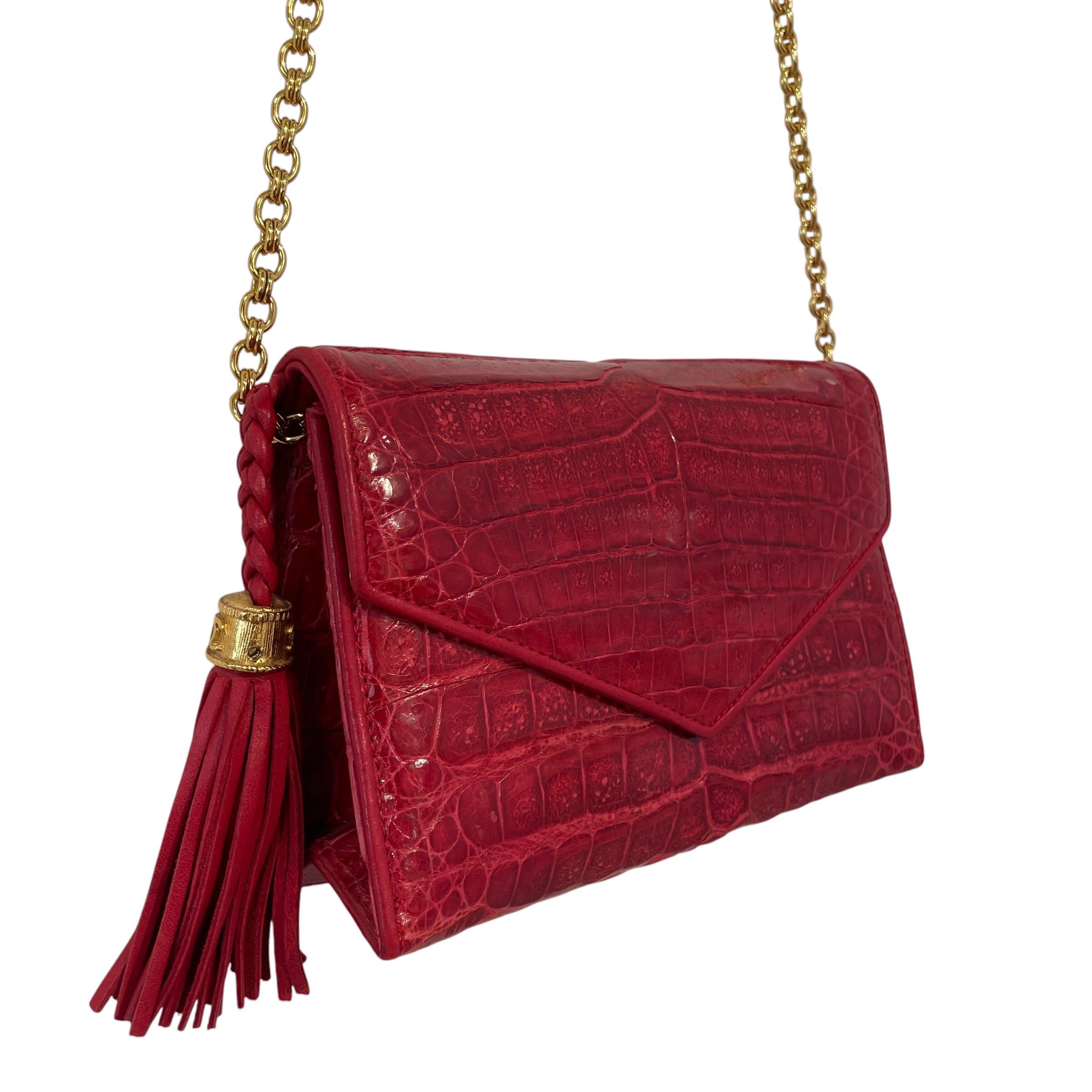 CHANEL/Cross Body Bag/Leather/RED/Crocodile Bag w/ Tassel view 1