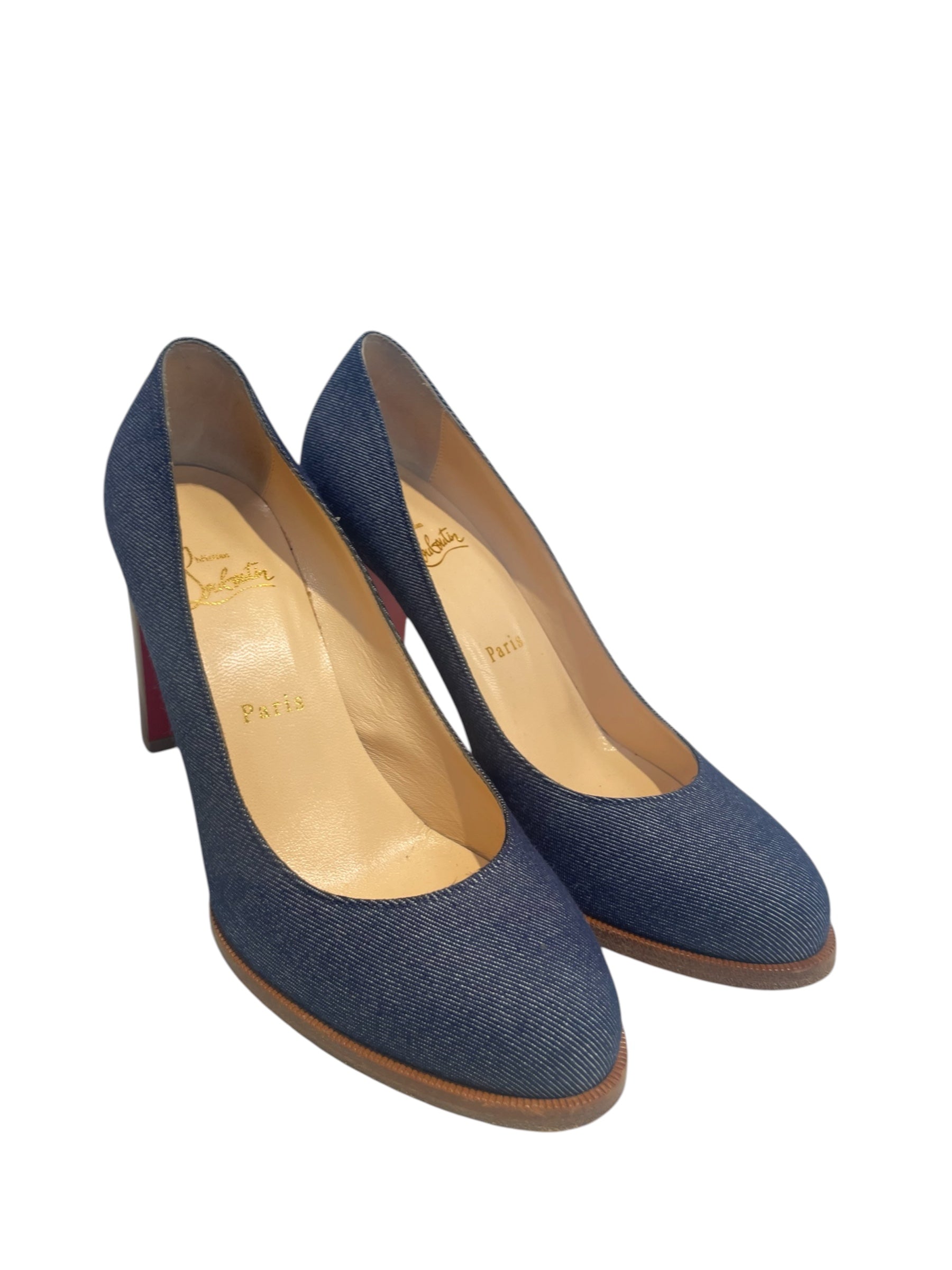 Christian Louboutin/Heels/EU 38/Denim/NVY/denim wooden heel view 1