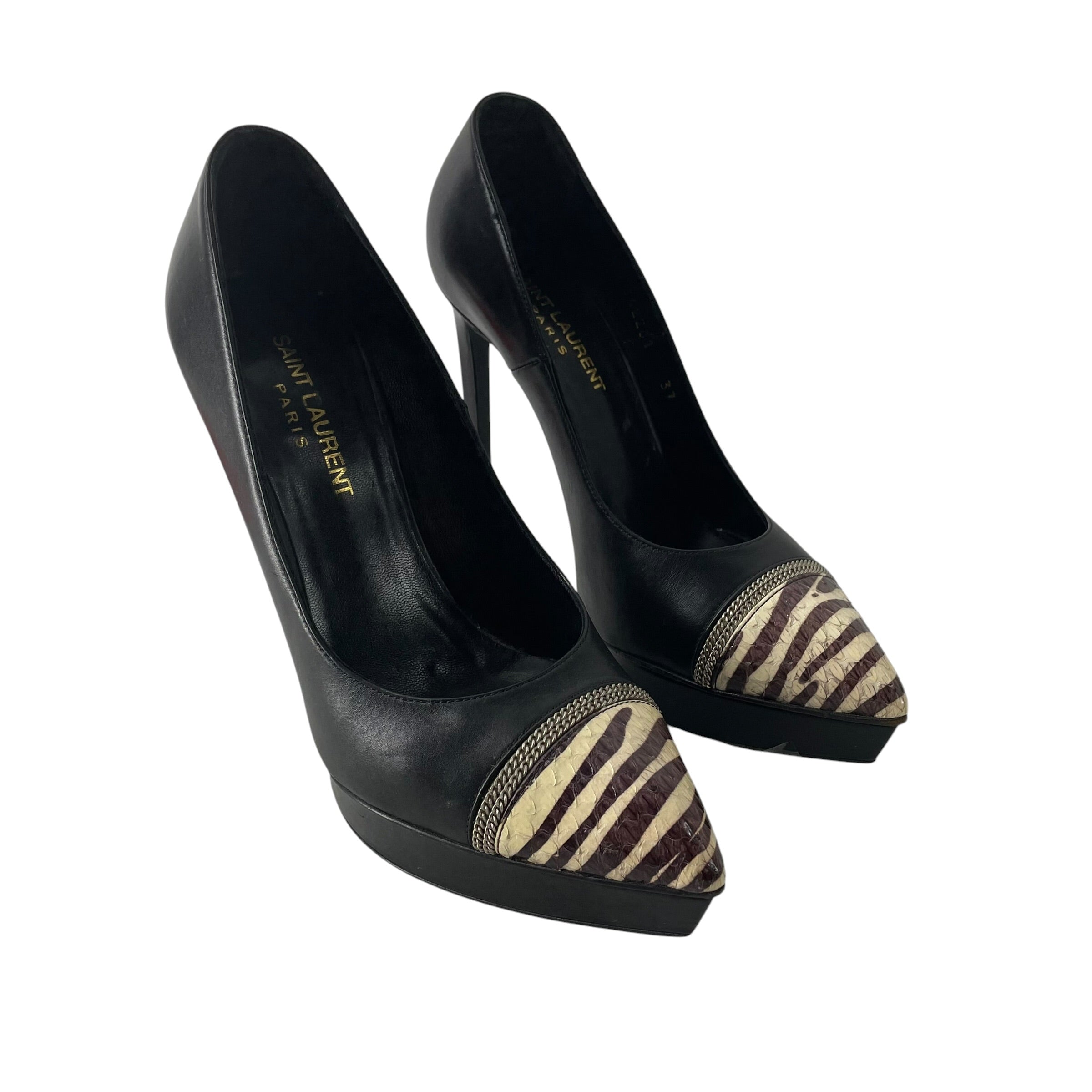 SAINT LAURENT/Heels/EU 37/Leather/BLK/V-Tip/ZEBRA CAP TOE BLK HEEL view 1