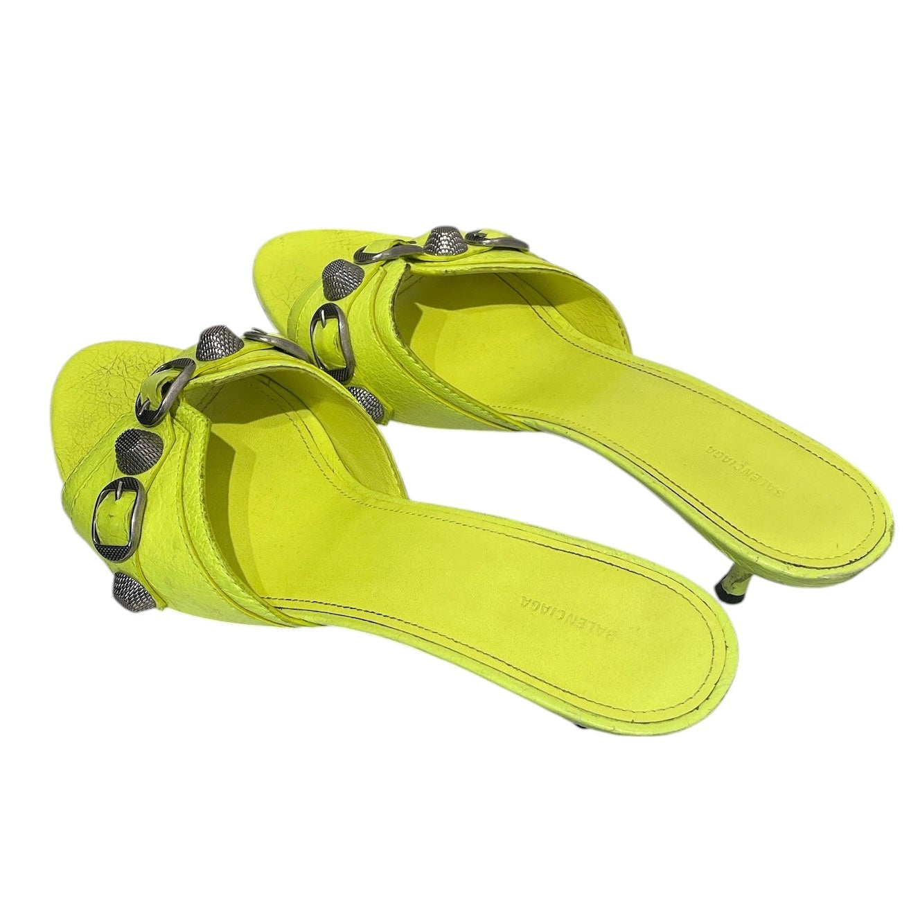 BALENCIAGA/Heels/EU 40/Leather/GRN/neon green cagole kitten heels view 2
