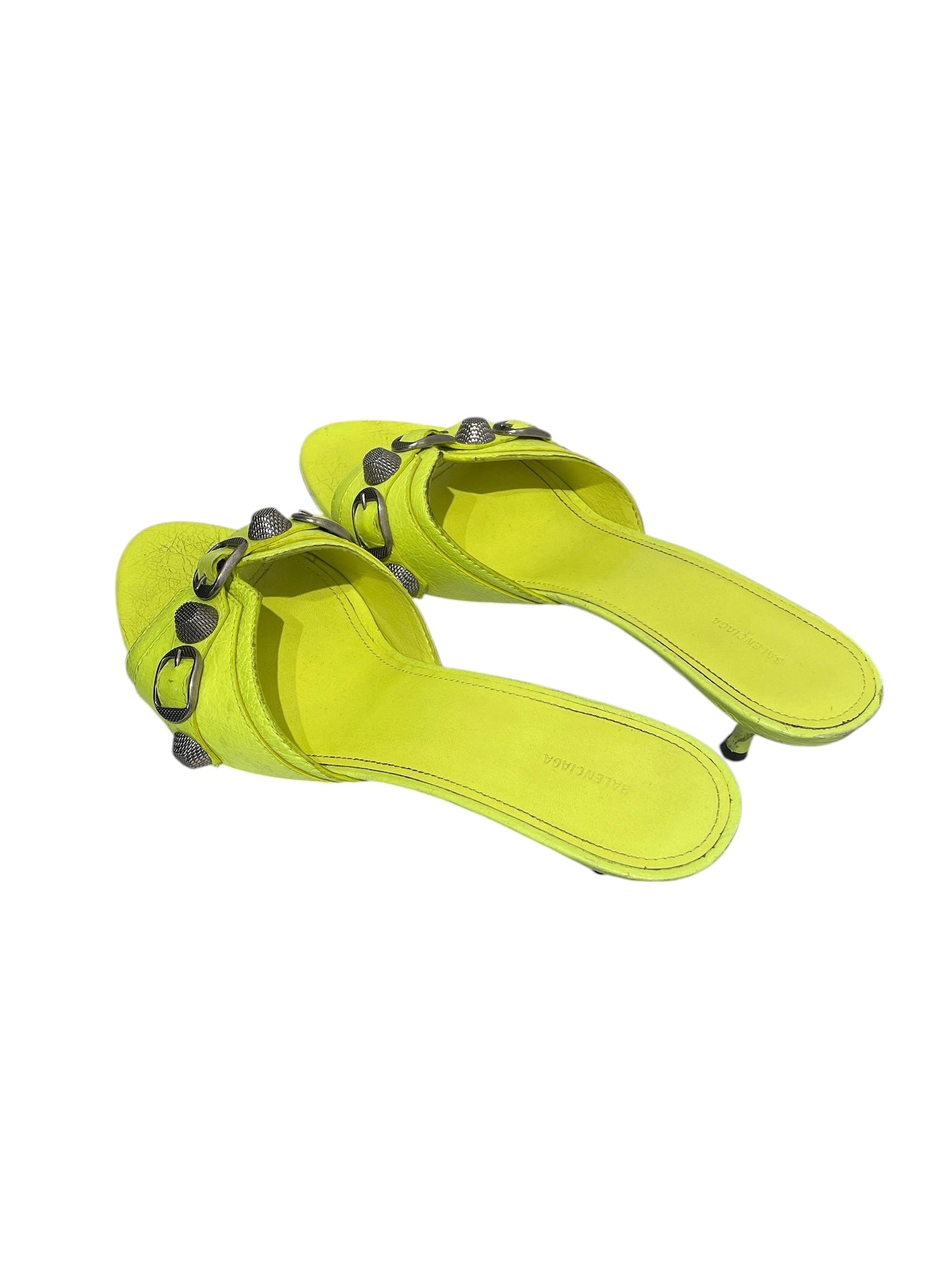 BALENCIAGA/Heels/EU 40/Leather/GRN/neon green cagole kitten heels view 2