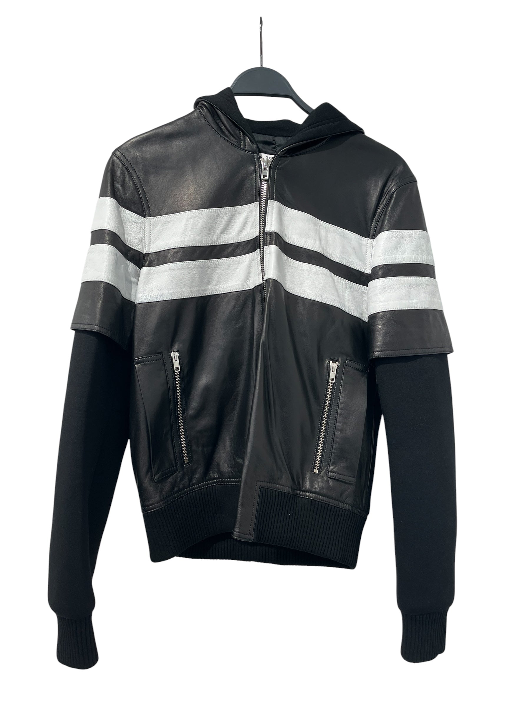 GIVENCHY/Jacket/48/Leather/BLK/WHITE STRIPE COTTON SLEEVES view 1