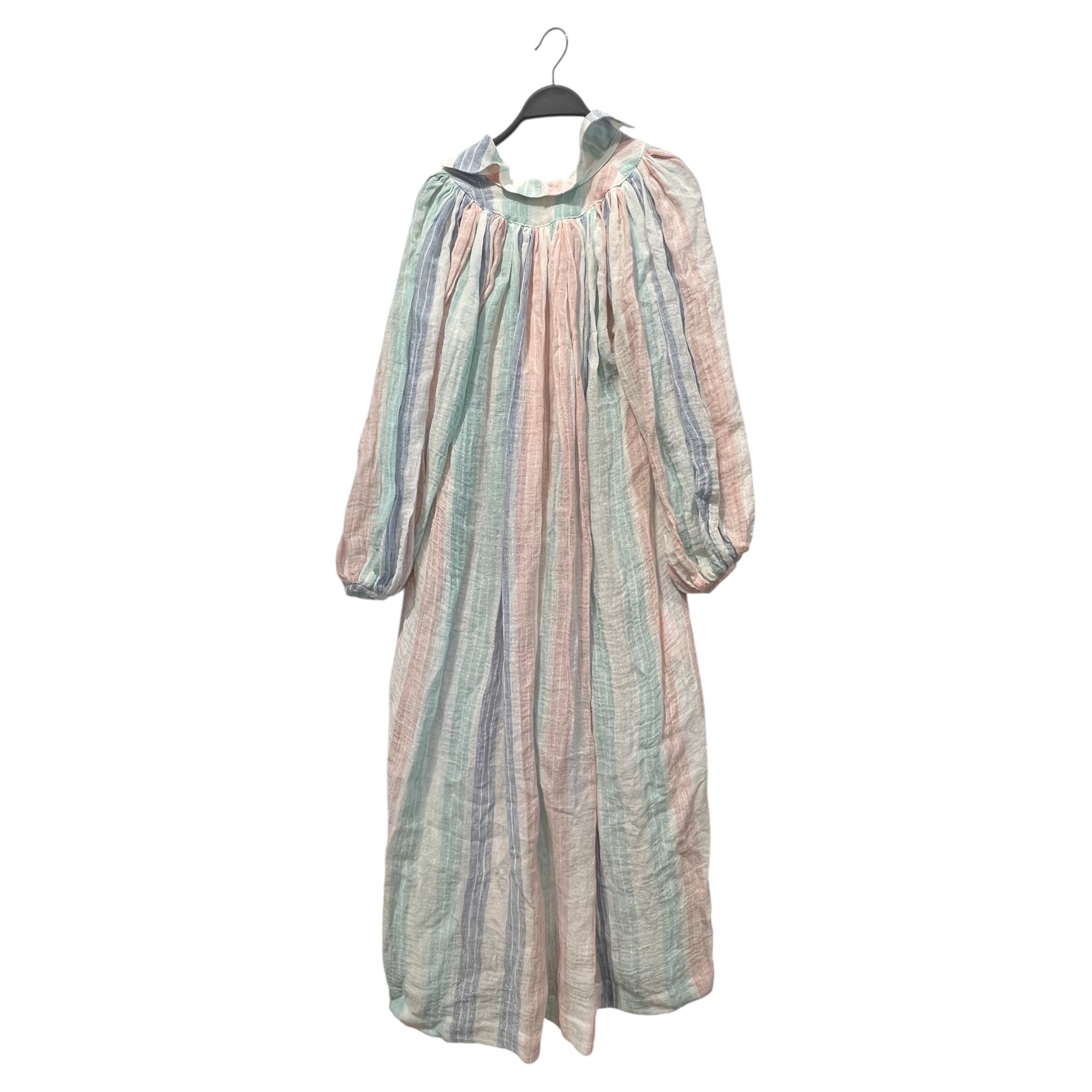 LISA MARIE FERNANDEZ/LS Dress/2/Stripe/Linen/WHT/Maxi Length/BLUE/GREEN/PINK COLLER V LINE view 2