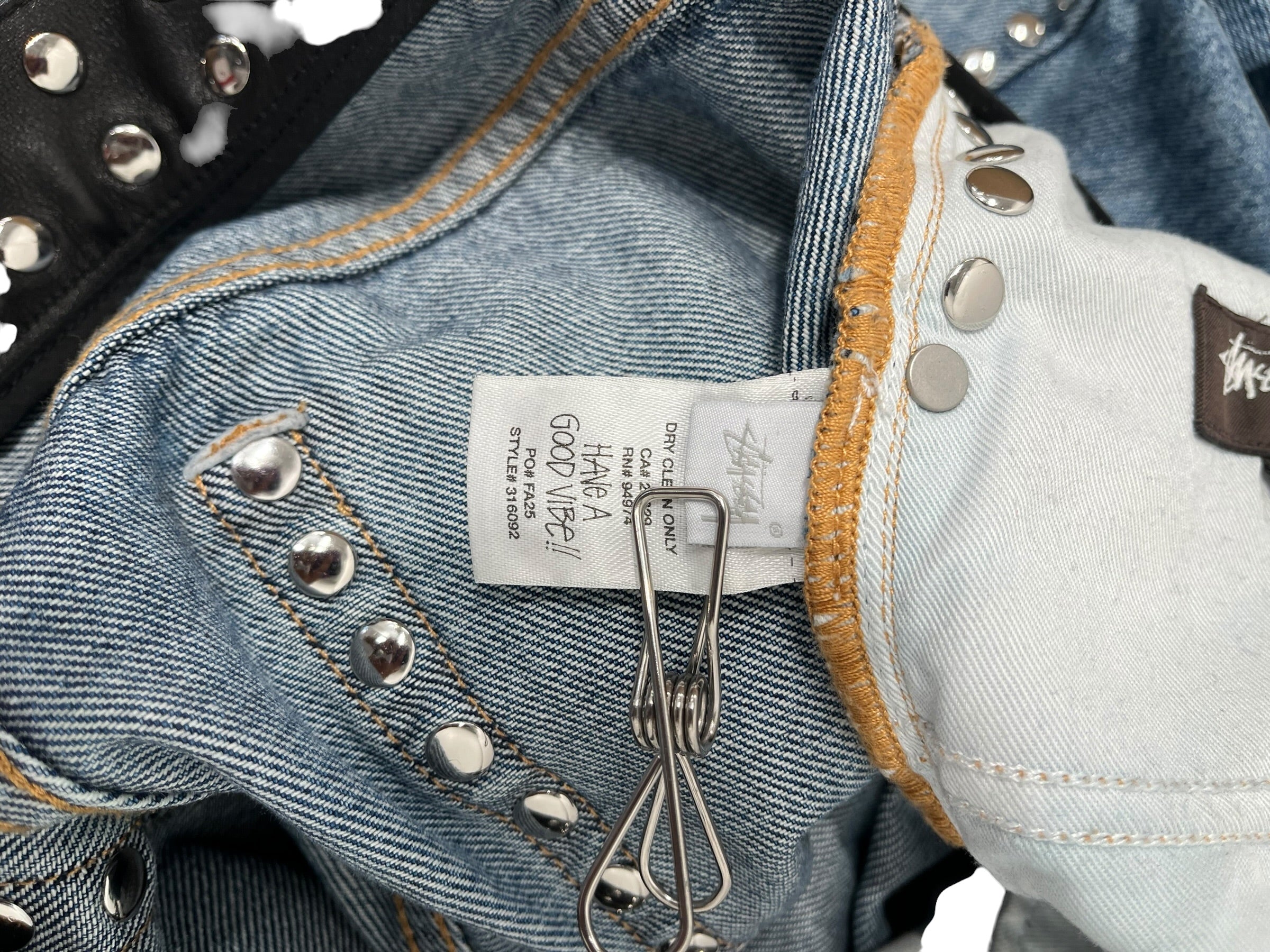 STUSSY/WALES BONNER/Straight Pants/32/Denim/BLU/Button Fly/studded/ leather waistband view 4
