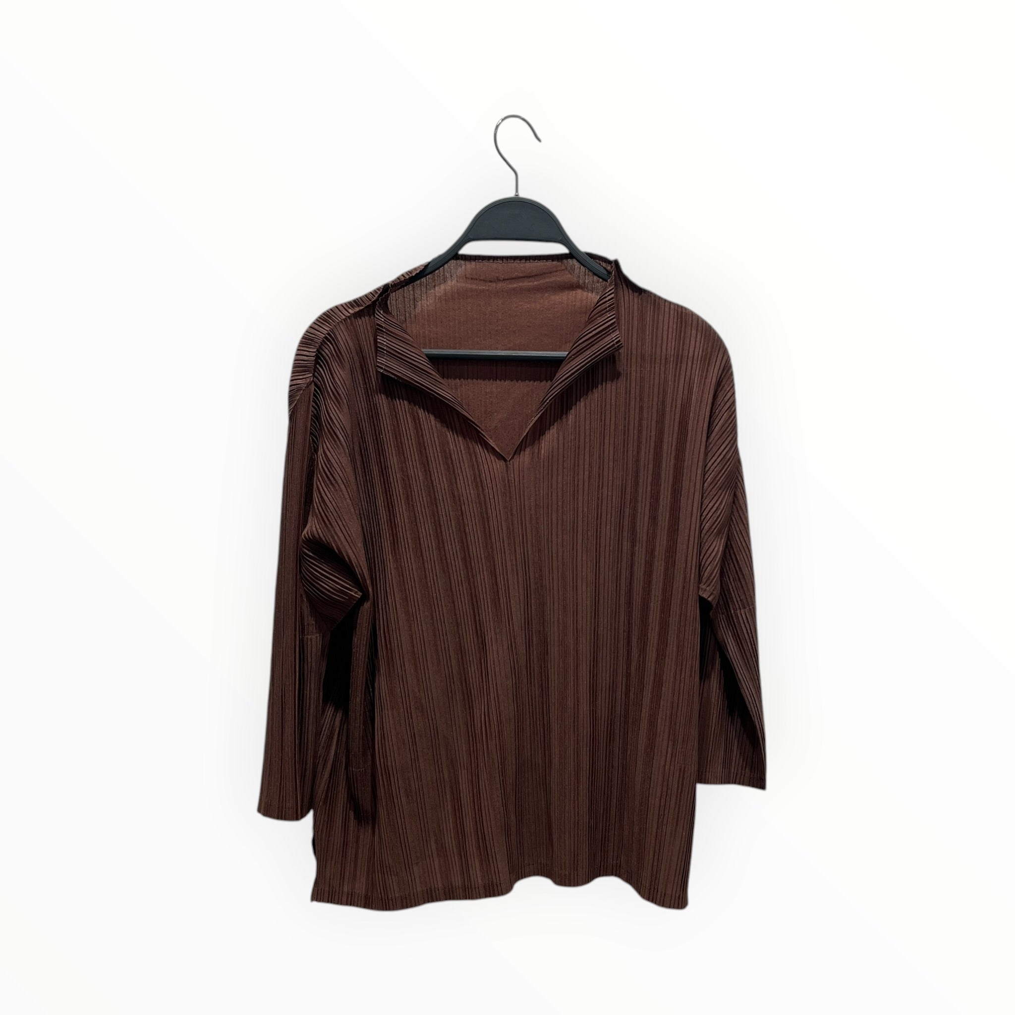 PLEATS PLEASE ISSEY MIYAKE/LS Blouse/3/Polyester/BRW/Pullover/Pleated Chocolate Brown V Neck view 1