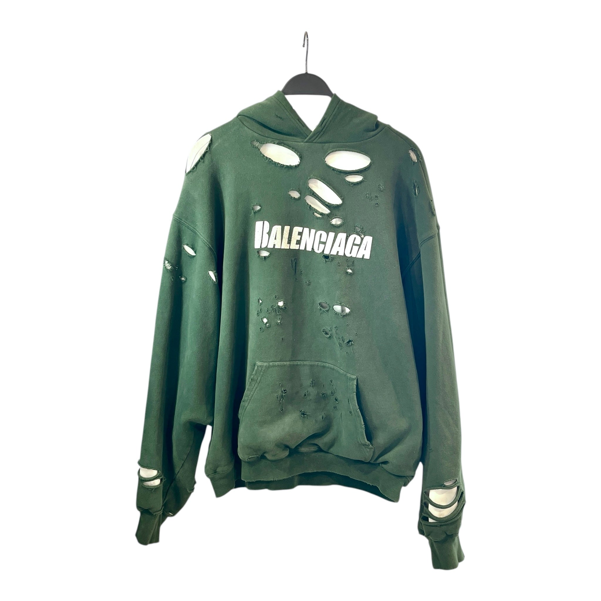 BALENCIAGA/Hoodie/S/Cotton/GRN/Distressed/DISTRESSED WITH WHITE LINING view 1