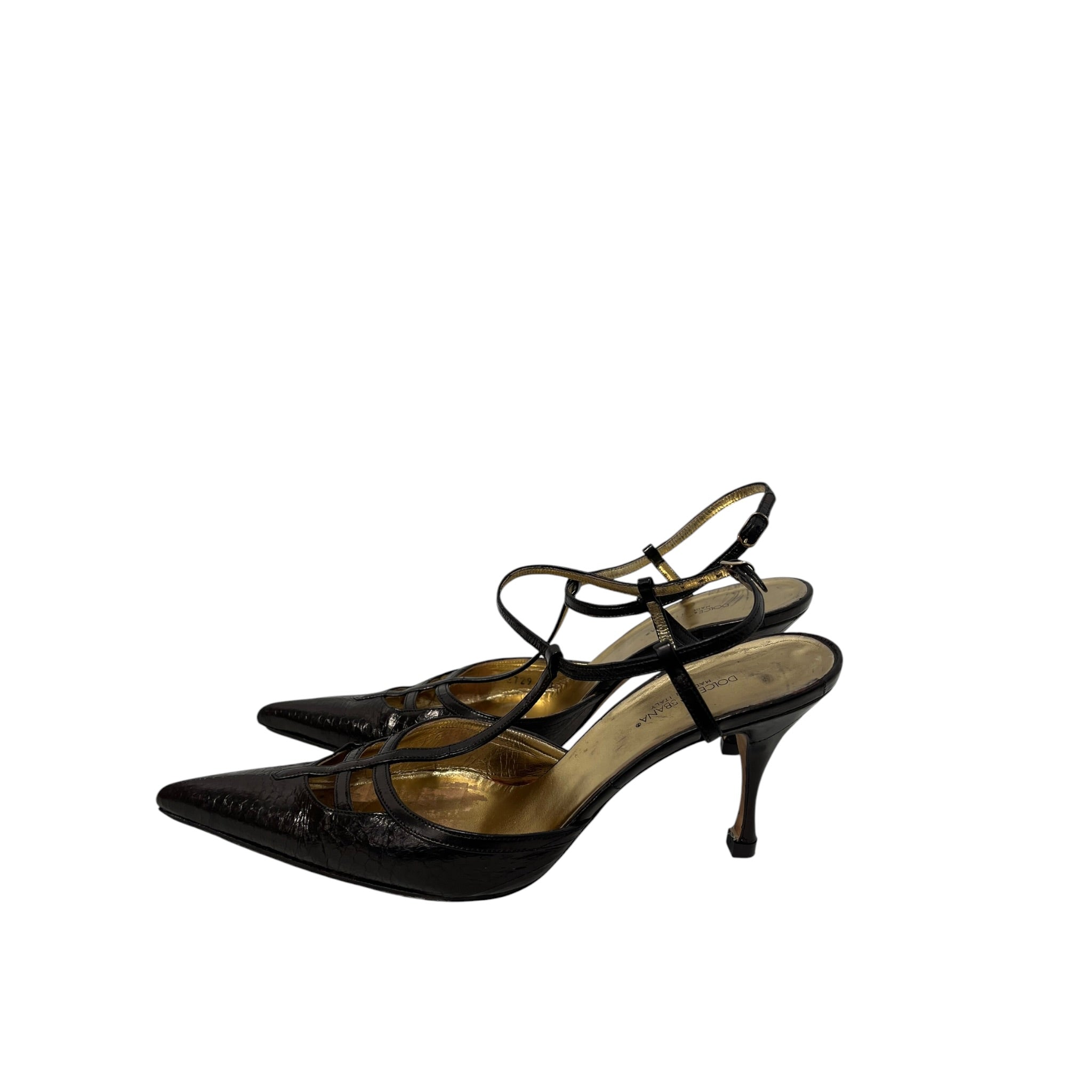 DOLCE&GABBANA/Heels/EU 40/Leather/BRW/Ankle Strap/gold sole pointed toe view 2